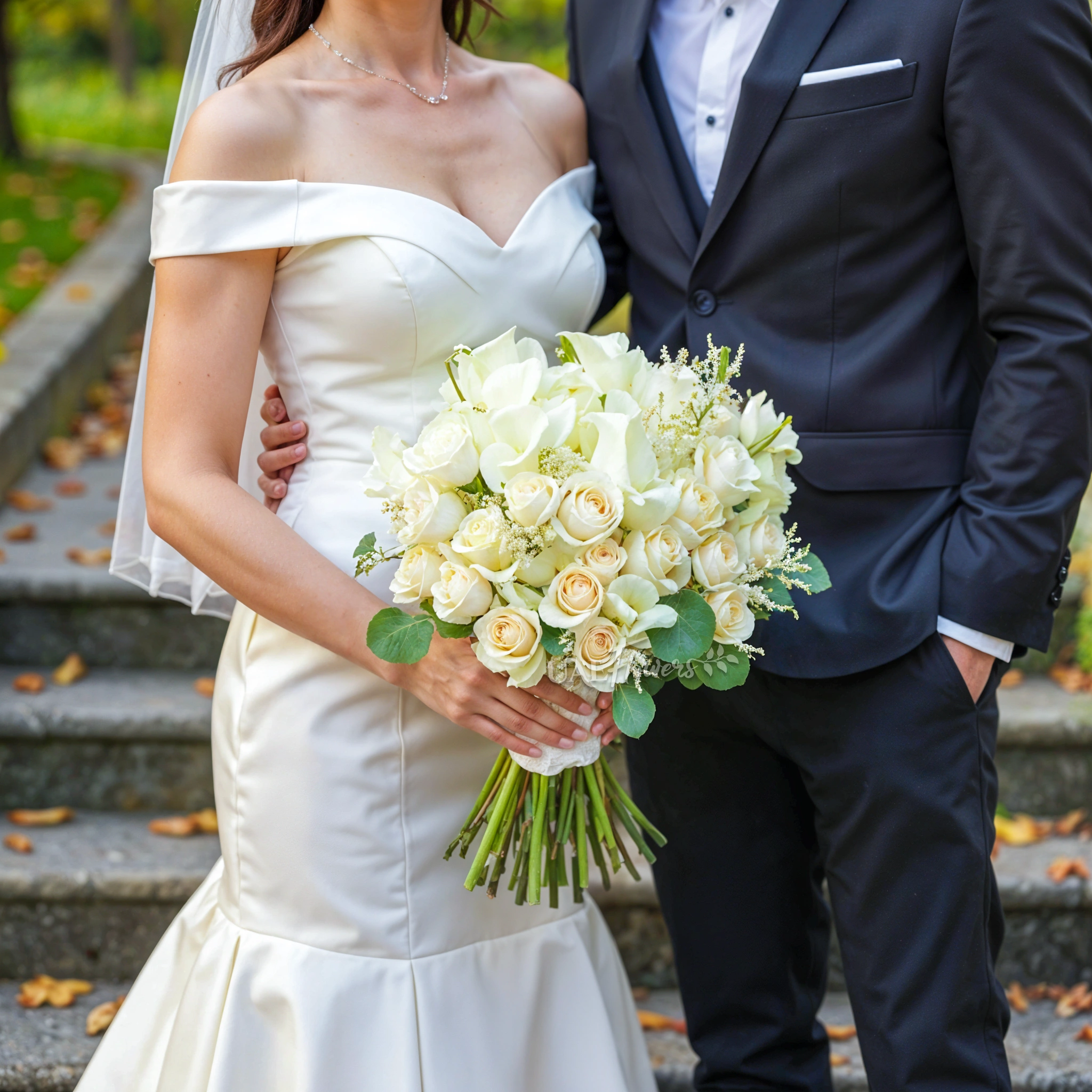 Bridal hand-tied bouquet of 20 white calla lilies and 15 white roses with greens.