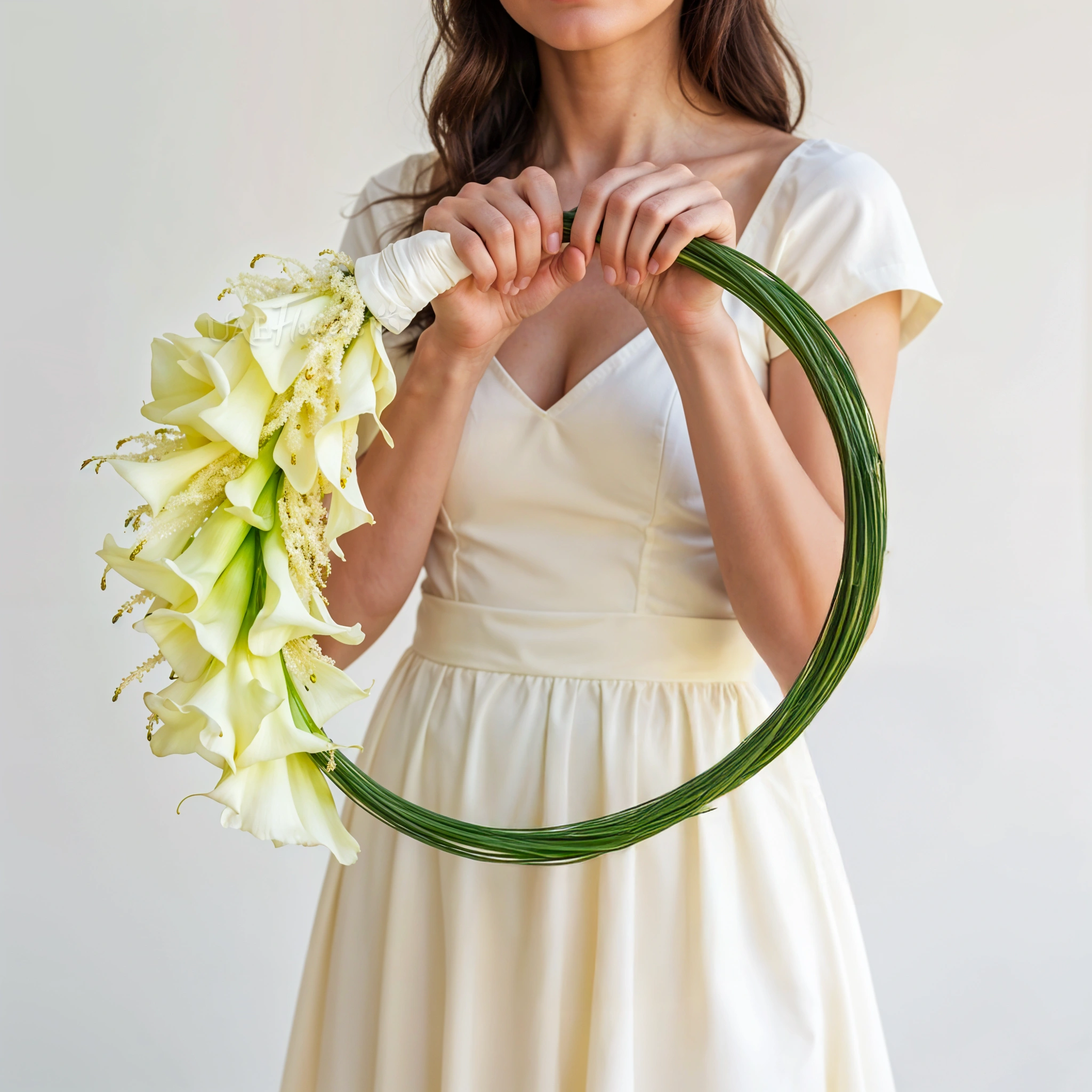 Bridal hand-tied round arrangement of 30 calla lilies and 3 bundles of steel grass.