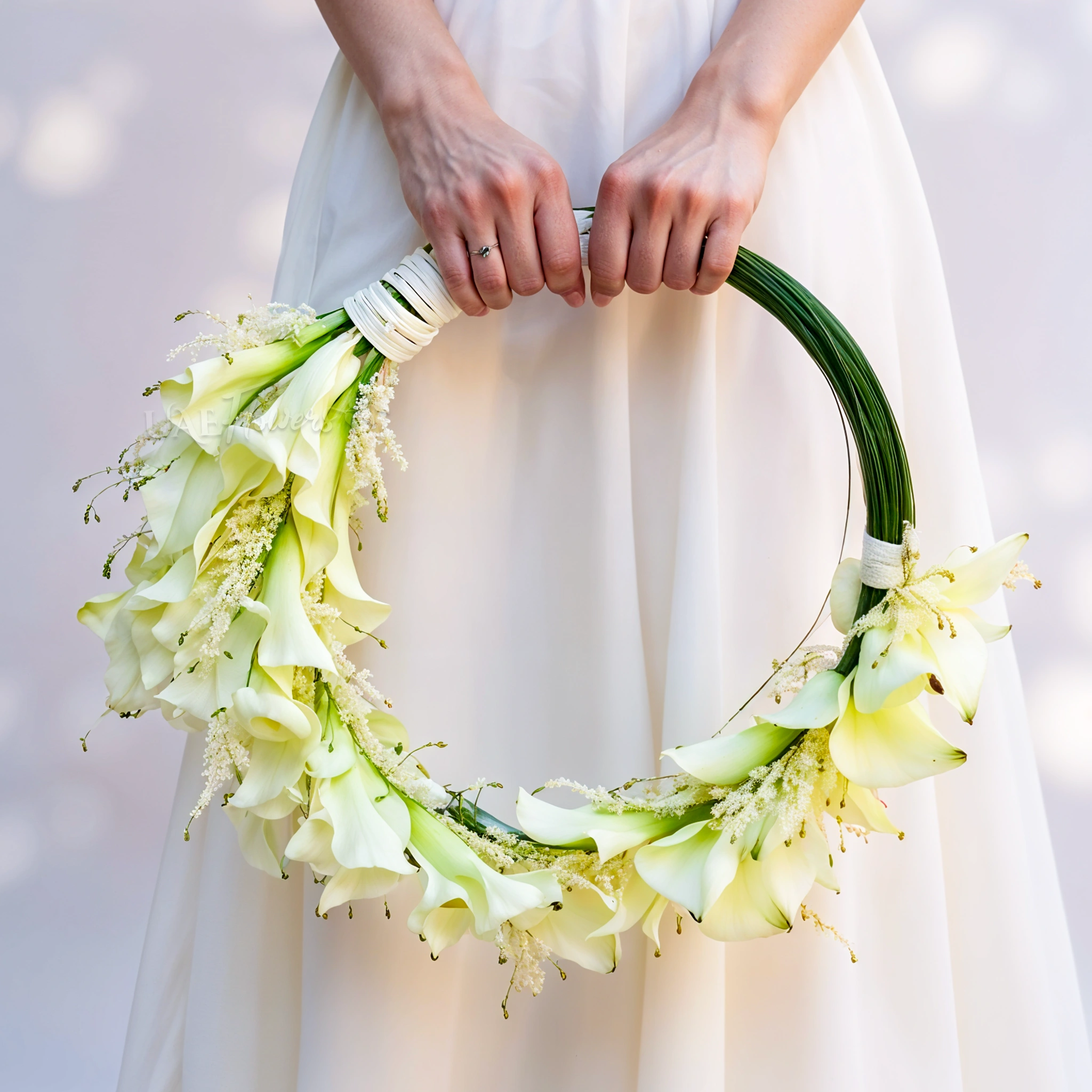 Bridal hand-tied round arrangement of 30 calla lilies and 3 bundles of steel grass.