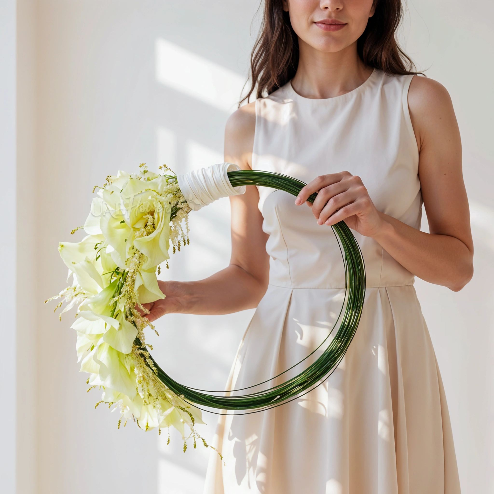 Bridal hand-tied round arrangement of 30 calla lilies and 3 bundles of steel grass.
