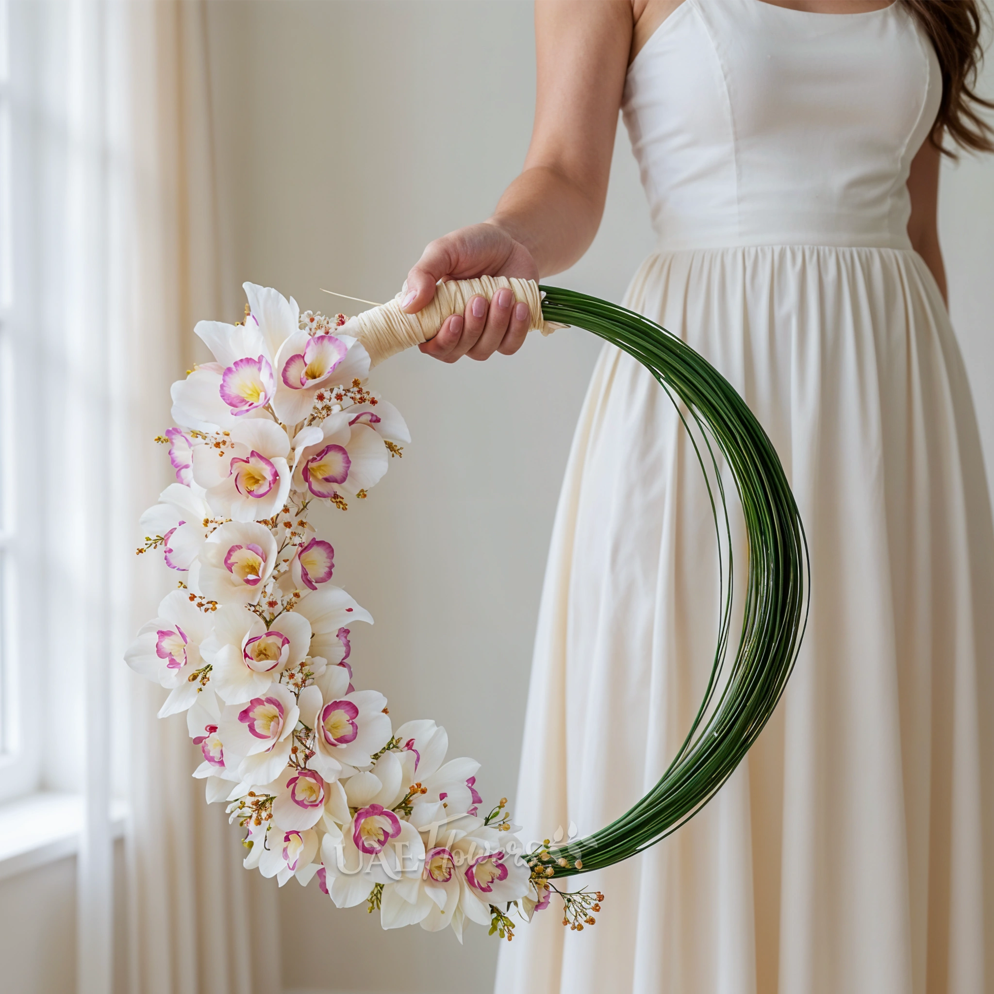 Bridal hand-tied round arrangement of 3 stems of white cymbidium orchids and 3 bundles of steel grass.