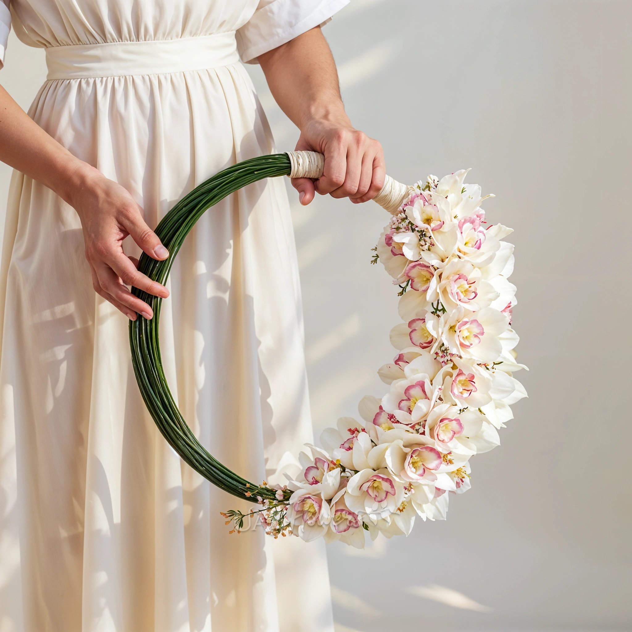 Bridal hand-tied round arrangement of 3 stems of white cymbidium orchids and 3 bundles of steel grass.