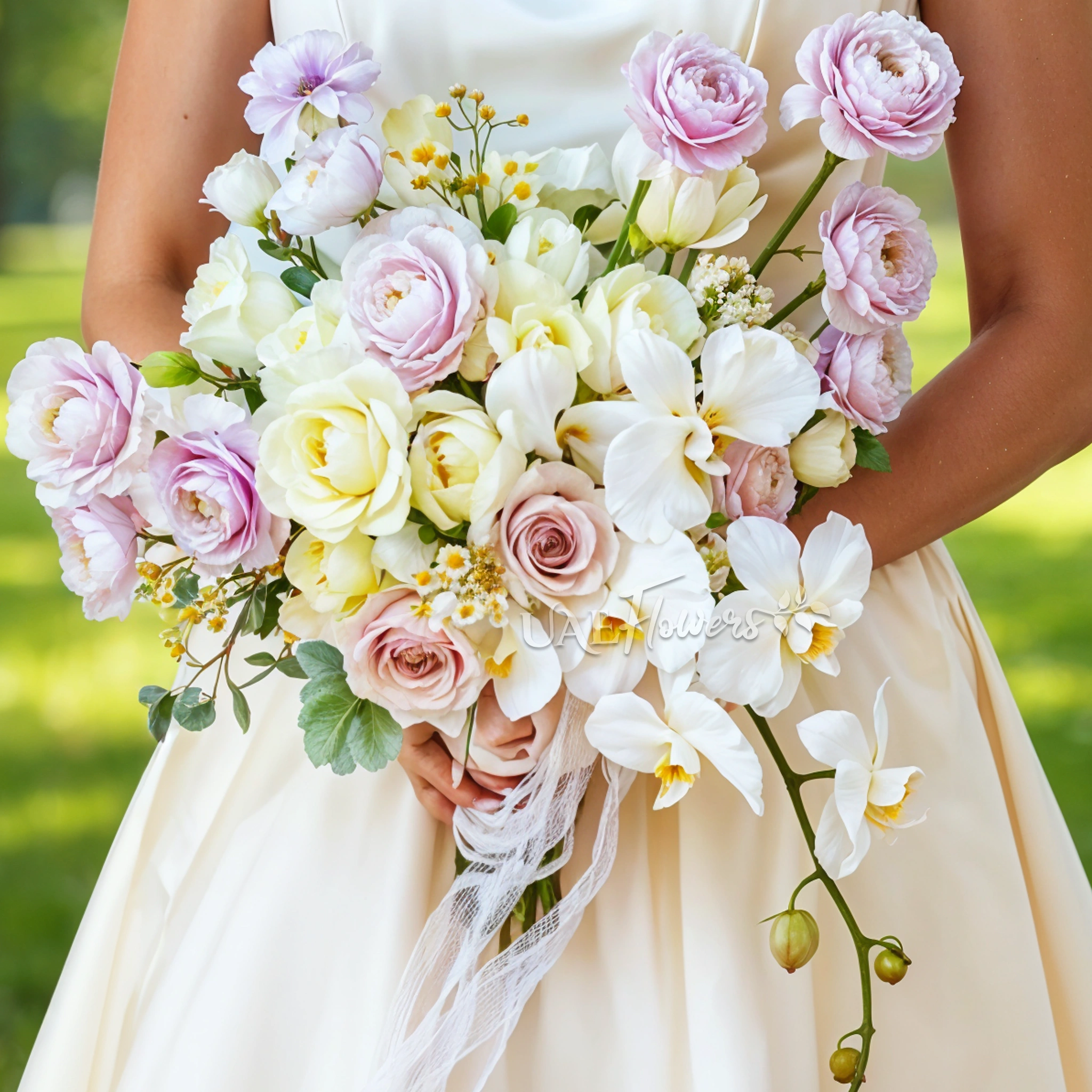 Bridal hand-tied bouquet of 10 light purple ranunculus, 5 cupaccino roses, 5 white roses, 5 white lisianthius, 1 white phalaenopsis and tanacetum fillers with greens.