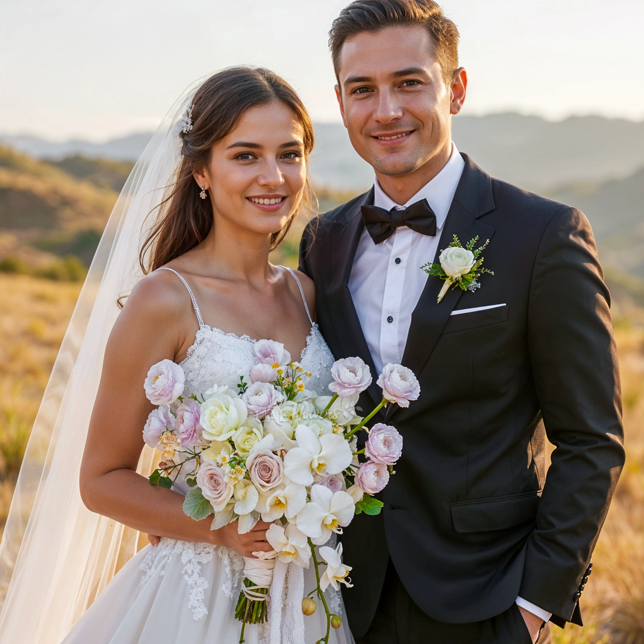 Bridal hand-tied bouquet of 10 light purple ranunculus, 5 cupaccino roses, 5 white roses, 5 white lisianthius, 1 white phalaenopsis and tanacetum fillers with greens.