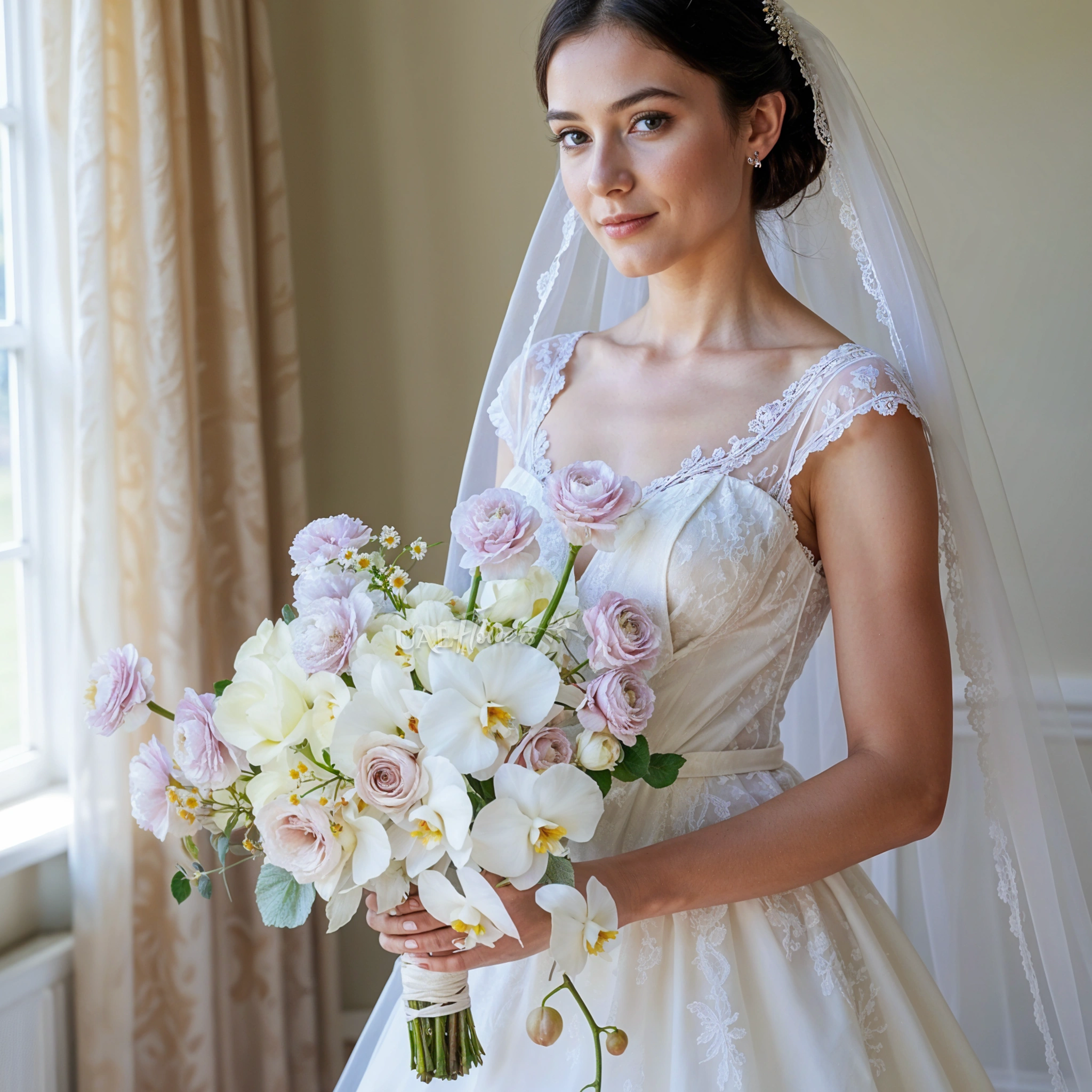 Bridal hand-tied bouquet of 10 light purple ranunculus, 5 cupaccino roses, 5 white roses, 5 white lisianthius, 1 white phalaenopsis and tanacetum fillers with greens.