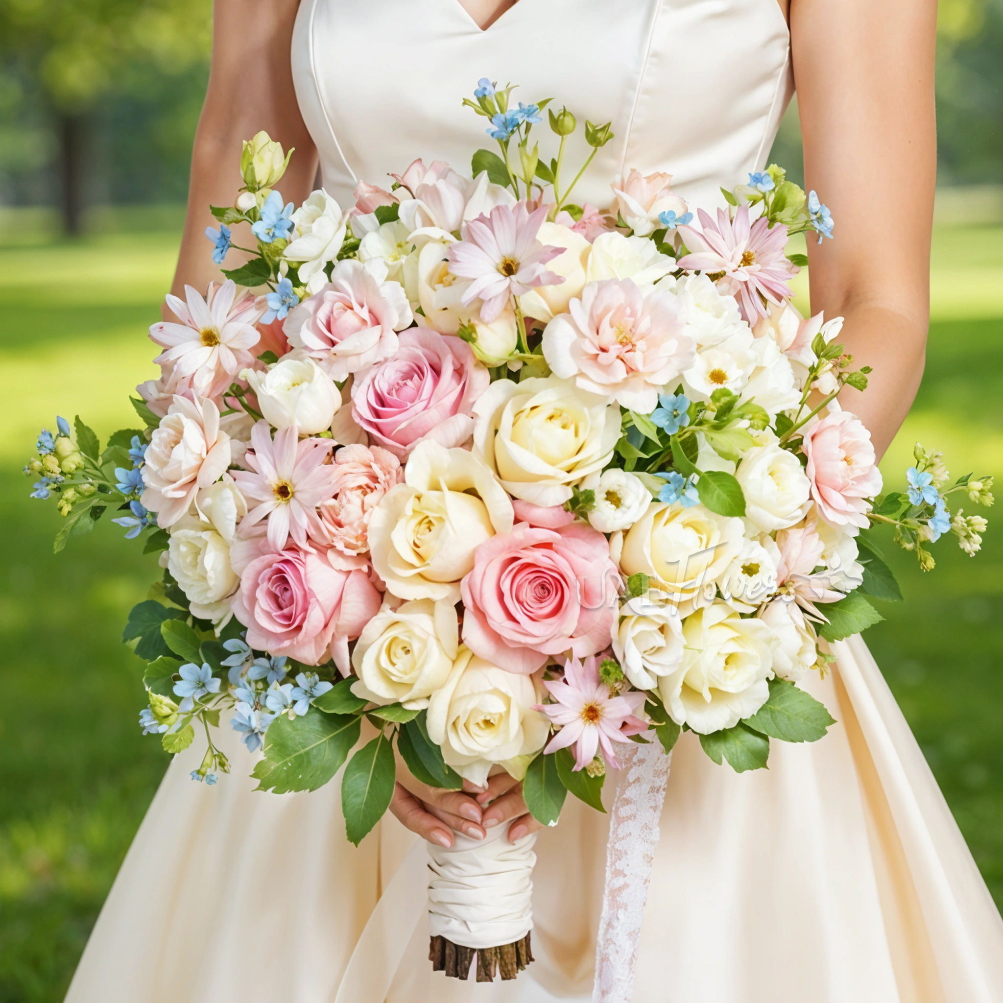 Bridal hand-tied bouquet of 30 pink and white roses, 5 white lisianthus, 10 pink carnations, 10 blue Oxypetalum with greens.