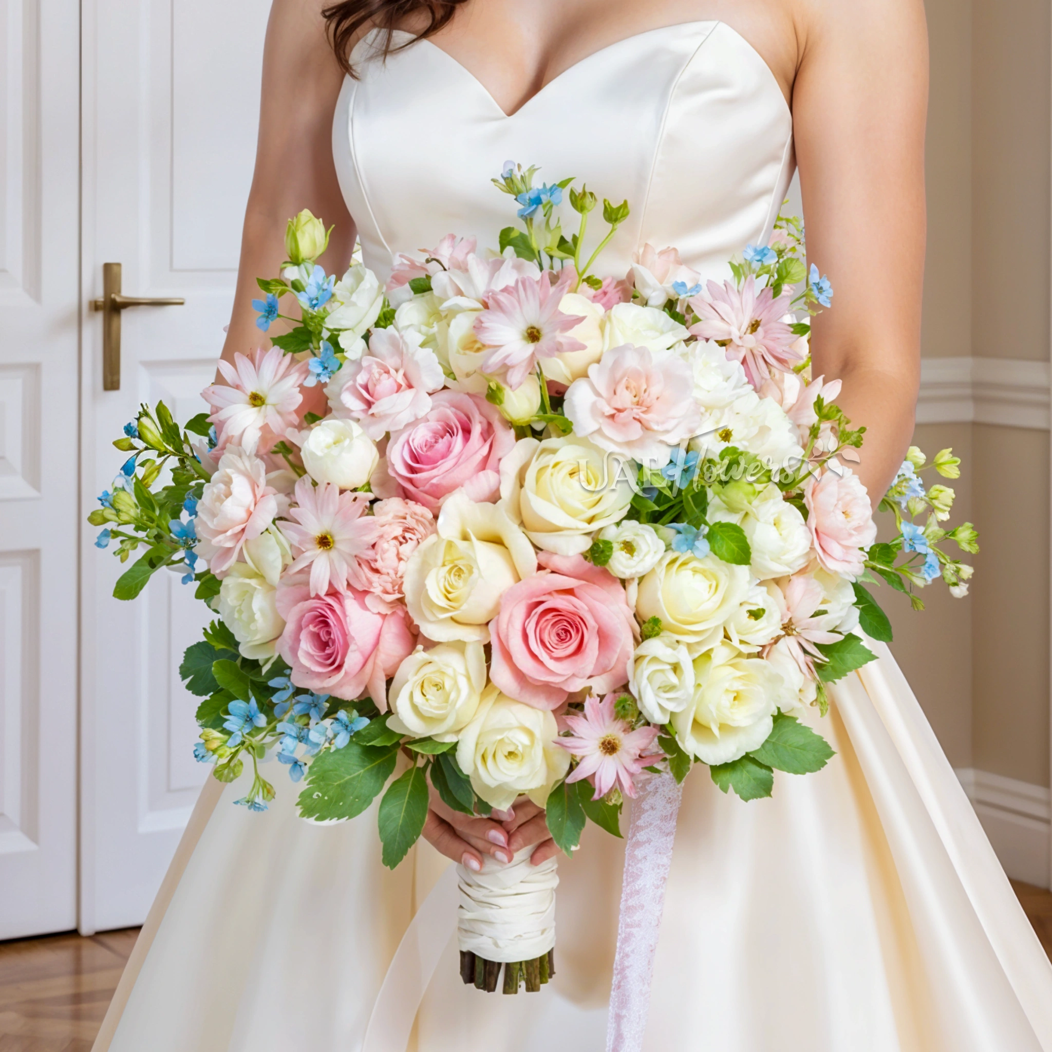 Bridal hand-tied bouquet of 30 pink and white roses, 5 white lisianthus, 10 pink carnations, 10 blue Oxypetalum with greens.