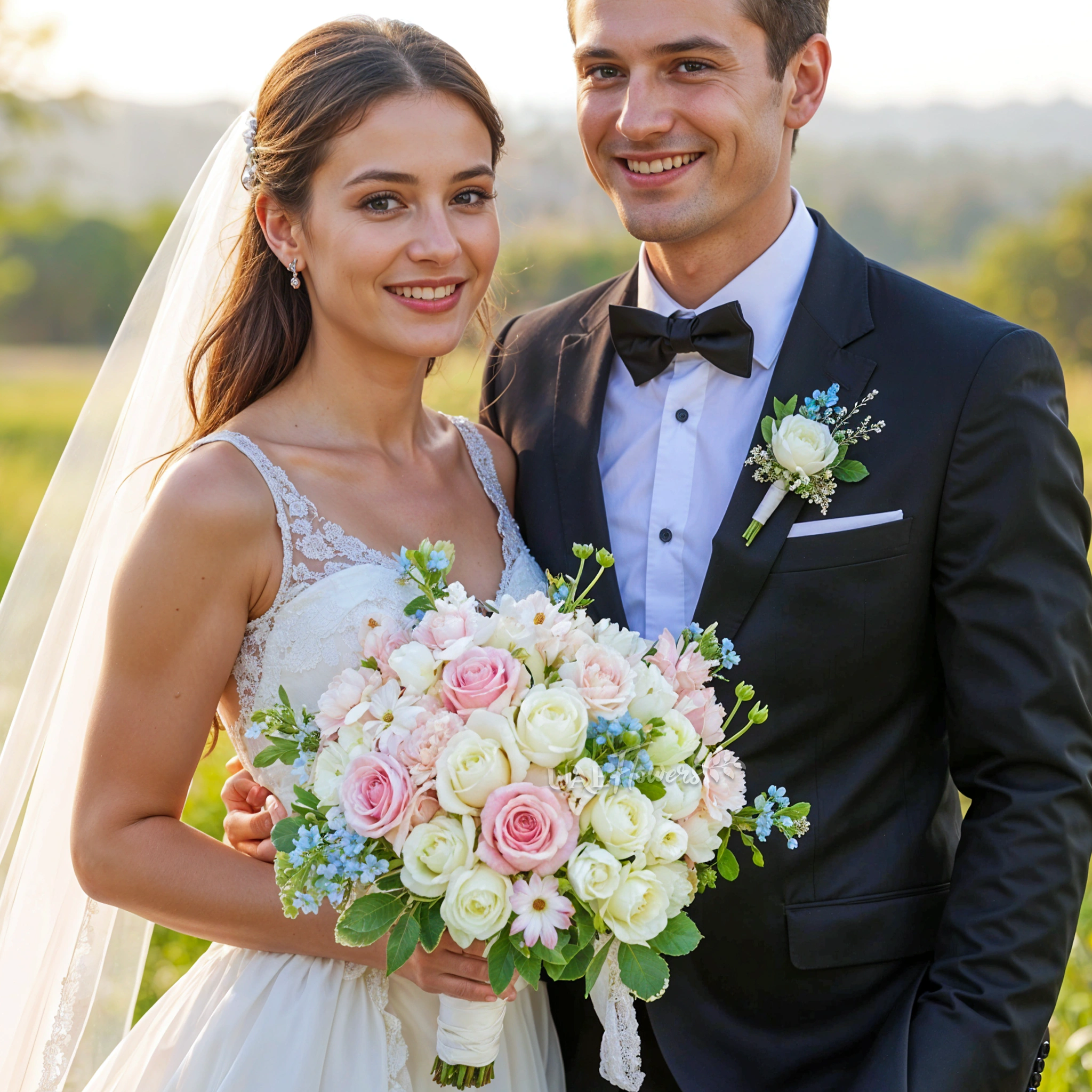 Bridal hand-tied bouquet of 30 pink and white roses, 5 white lisianthus, 10 pink carnations, 10 blue Oxypetalum with greens.