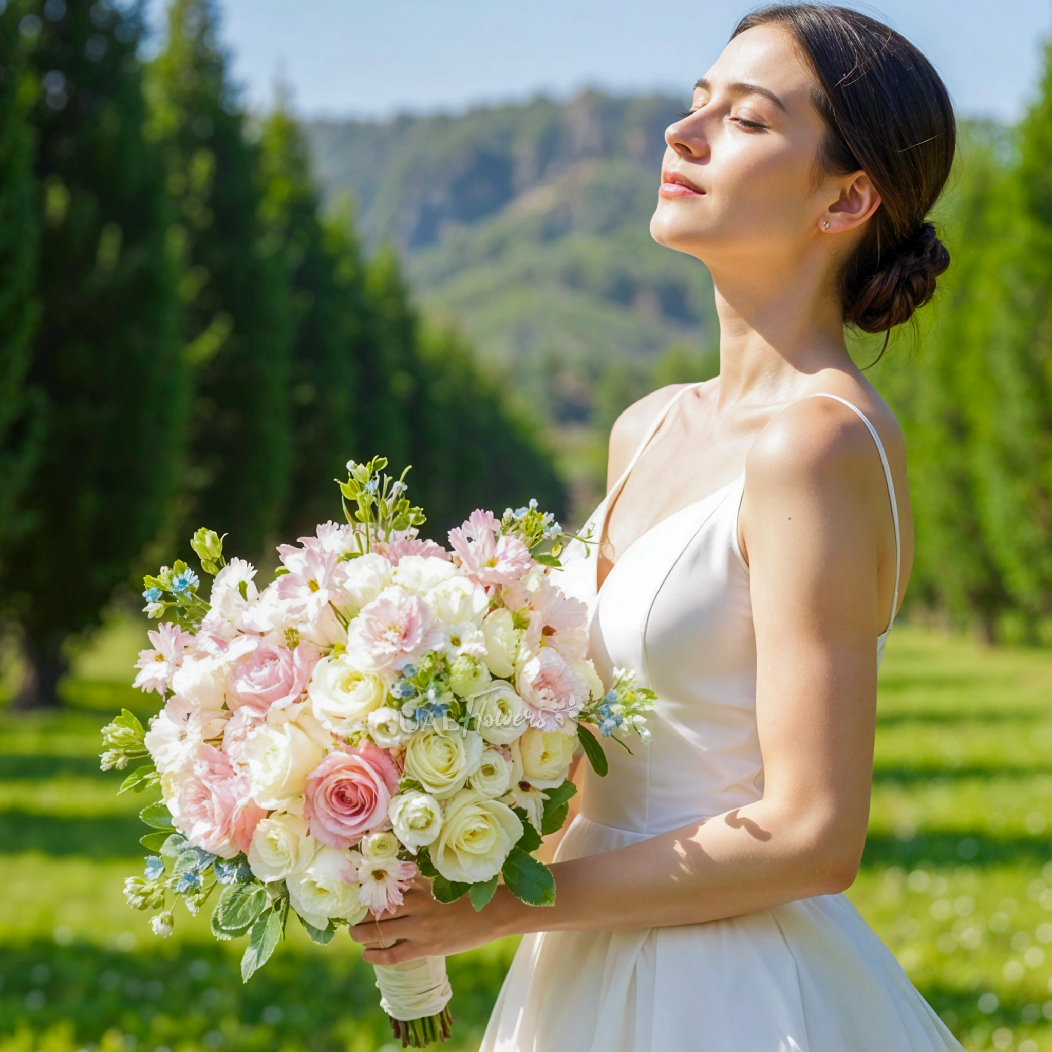 Bridal hand-tied bouquet of 30 pink and white roses, 5 white lisianthus, 10 pink carnations, 10 blue Oxypetalum with greens.