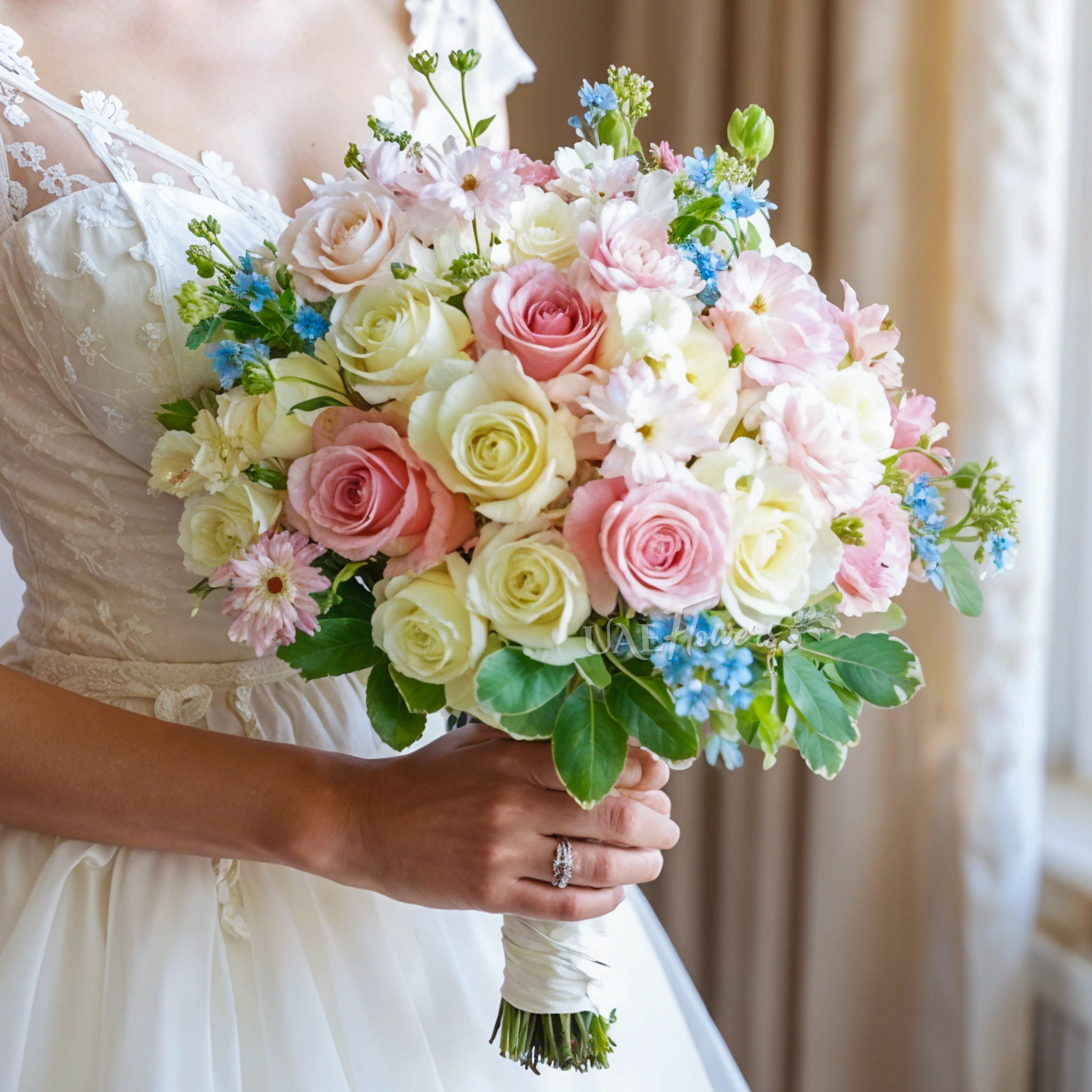 Bridal hand-tied bouquet of 30 pink and white roses, 5 white lisianthus, 10 pink carnations, 10 blue Oxypetalum with greens.