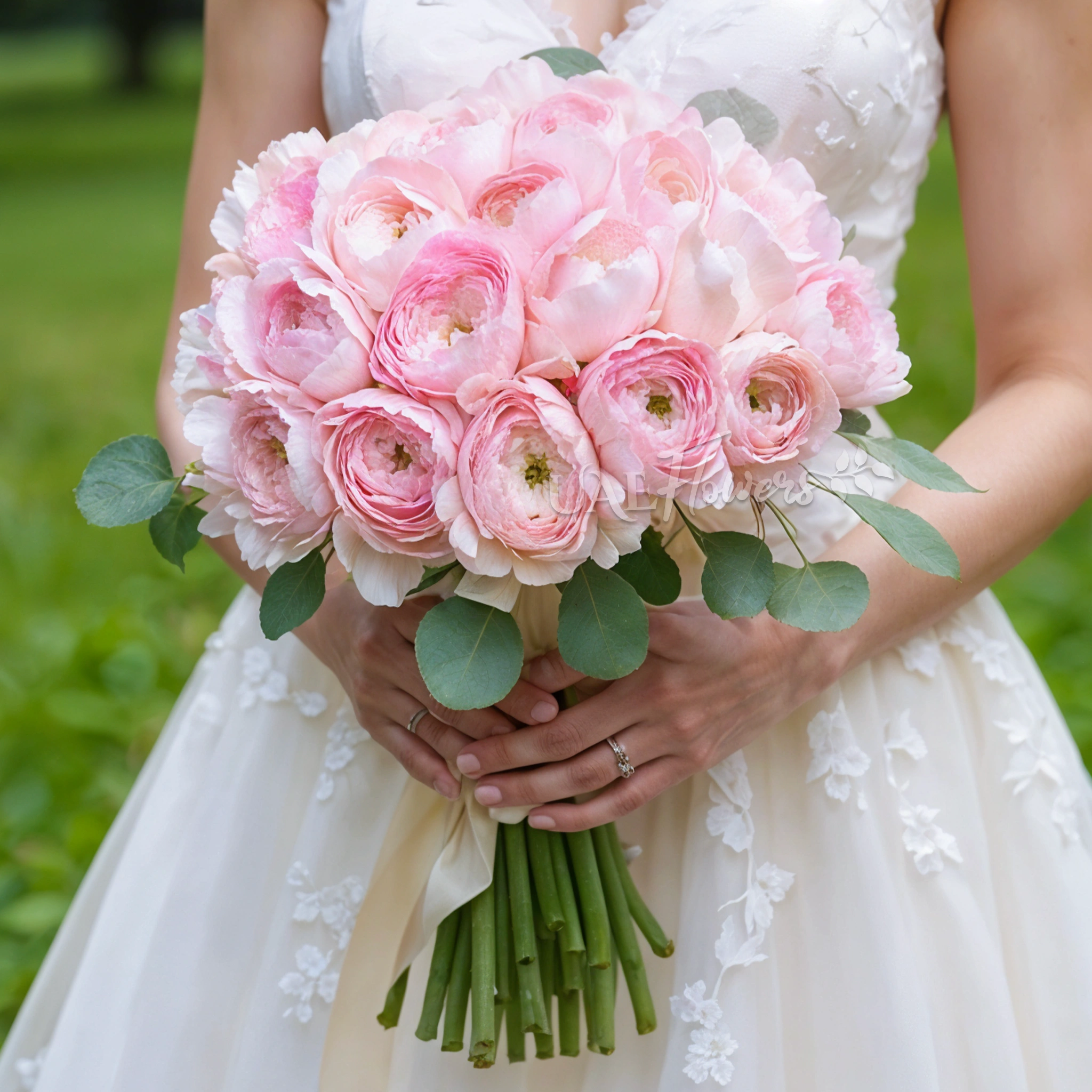 Bridal hand-tied bouquet of 30 pink ranunculas with greens.