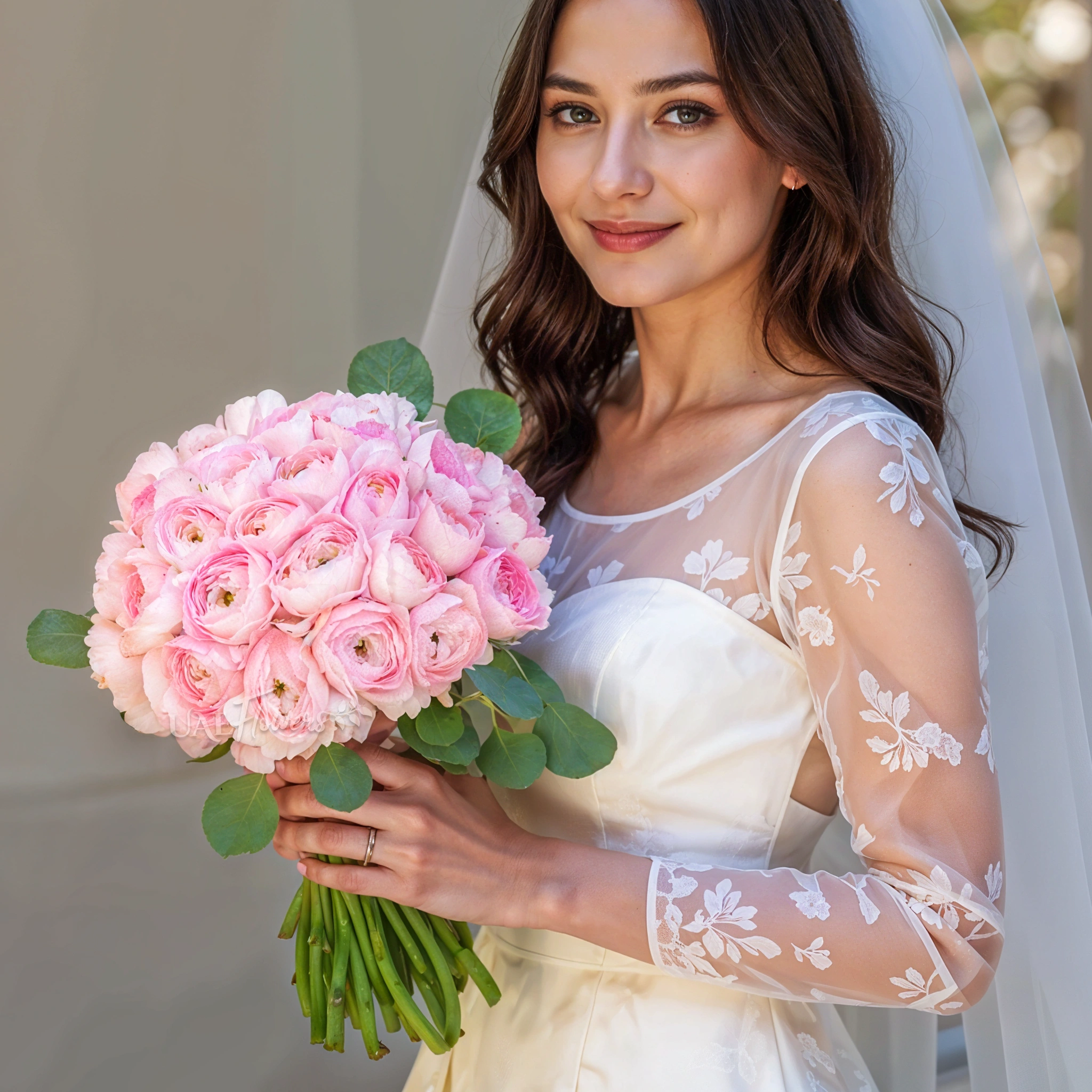 Bridal hand-tied bouquet of 30 pink ranunculas with greens.