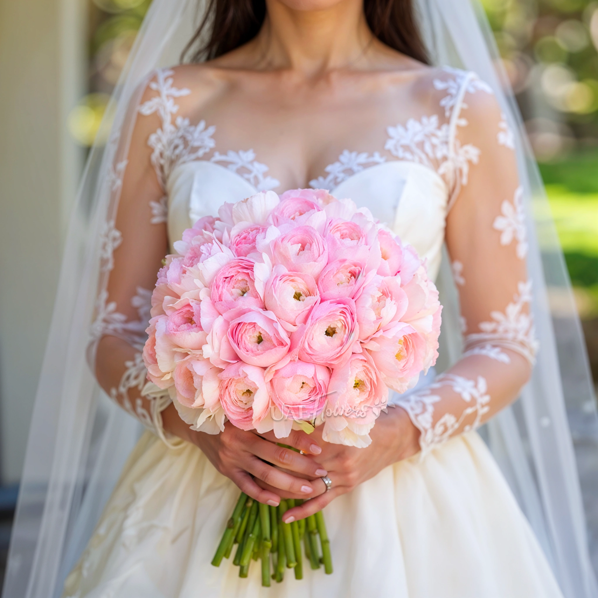 Bridal hand-tied bouquet of 30 pink ranunculas with greens.