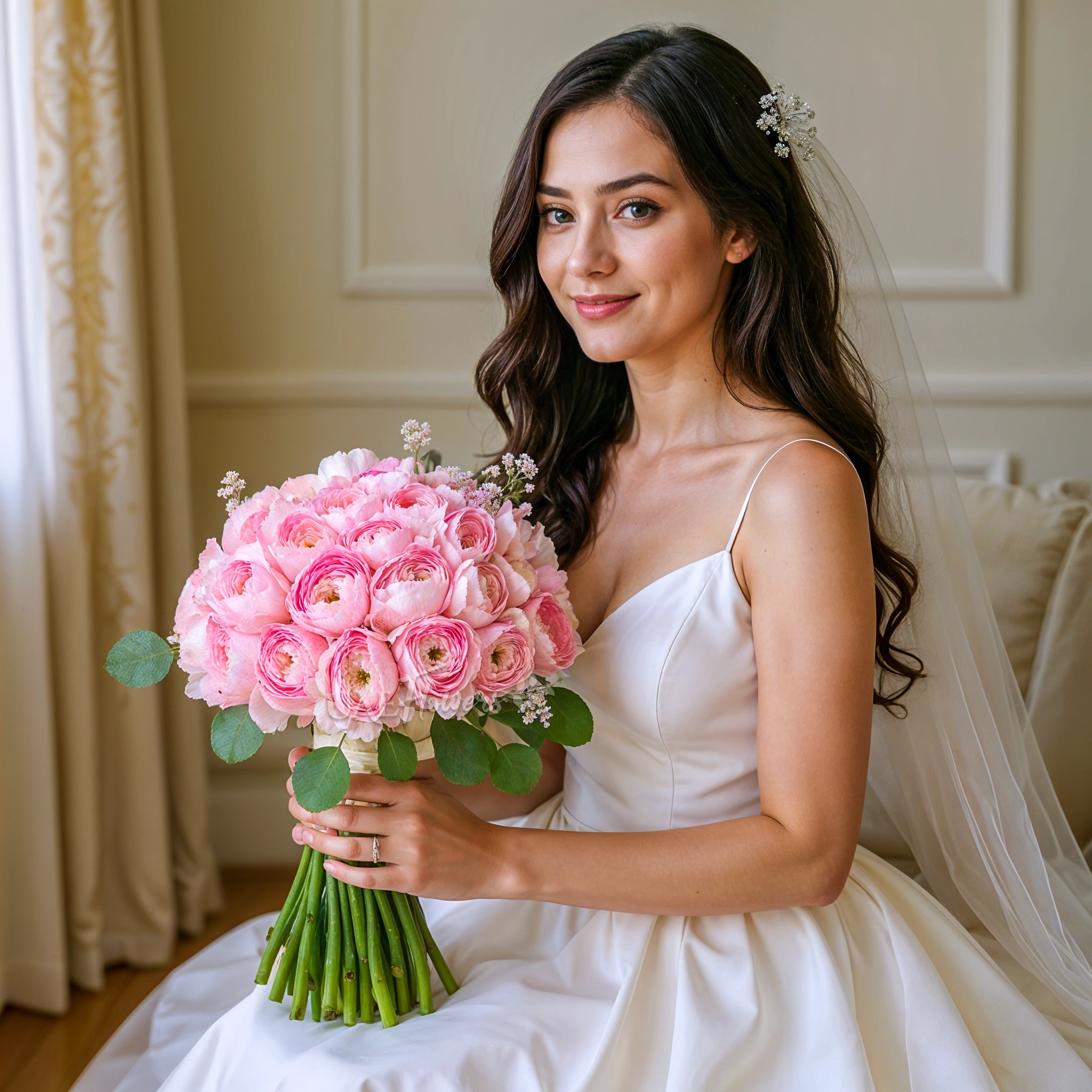 Bridal hand-tied bouquet of 30 pink ranunculas with greens.
