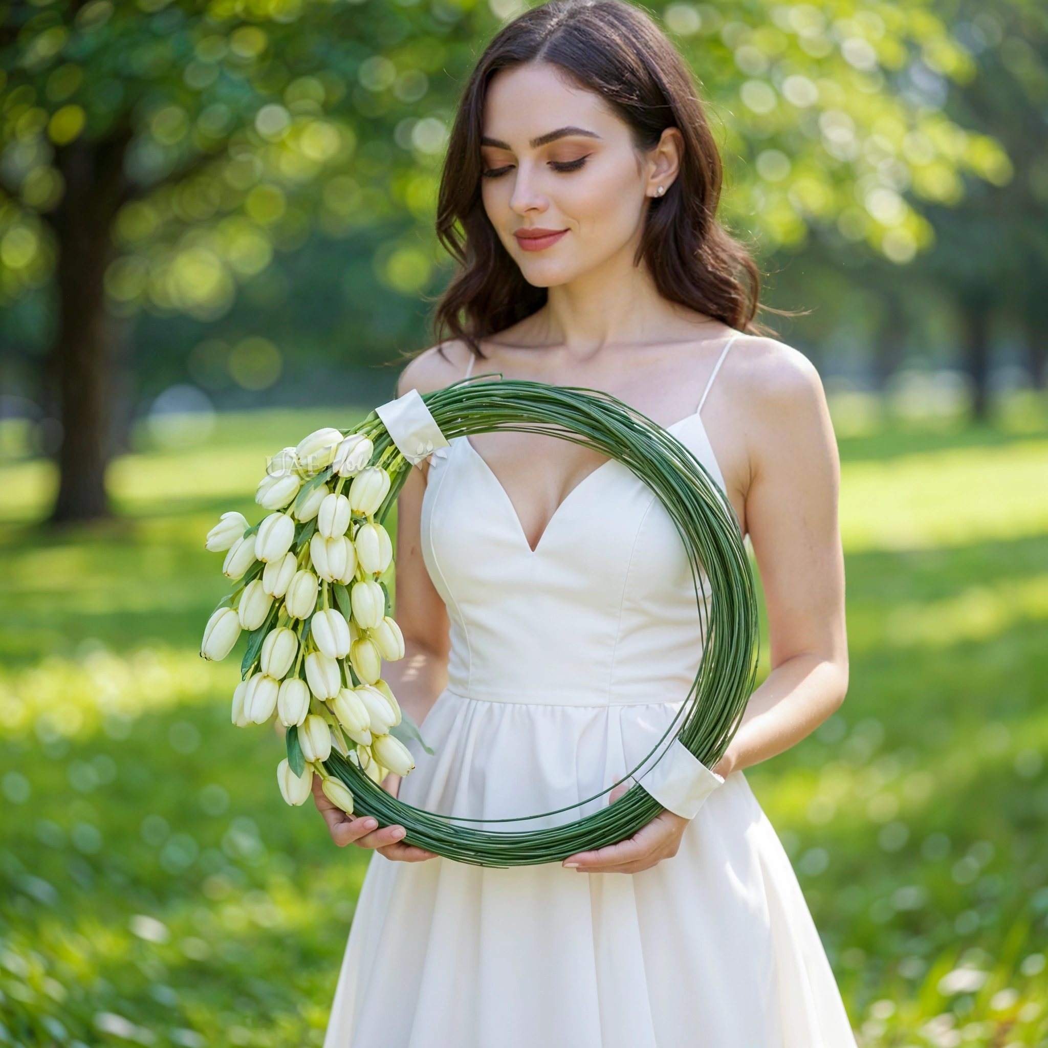 Bridal hand-tied round arrangement of 30 white tulips and 3 bundles of steel grass.