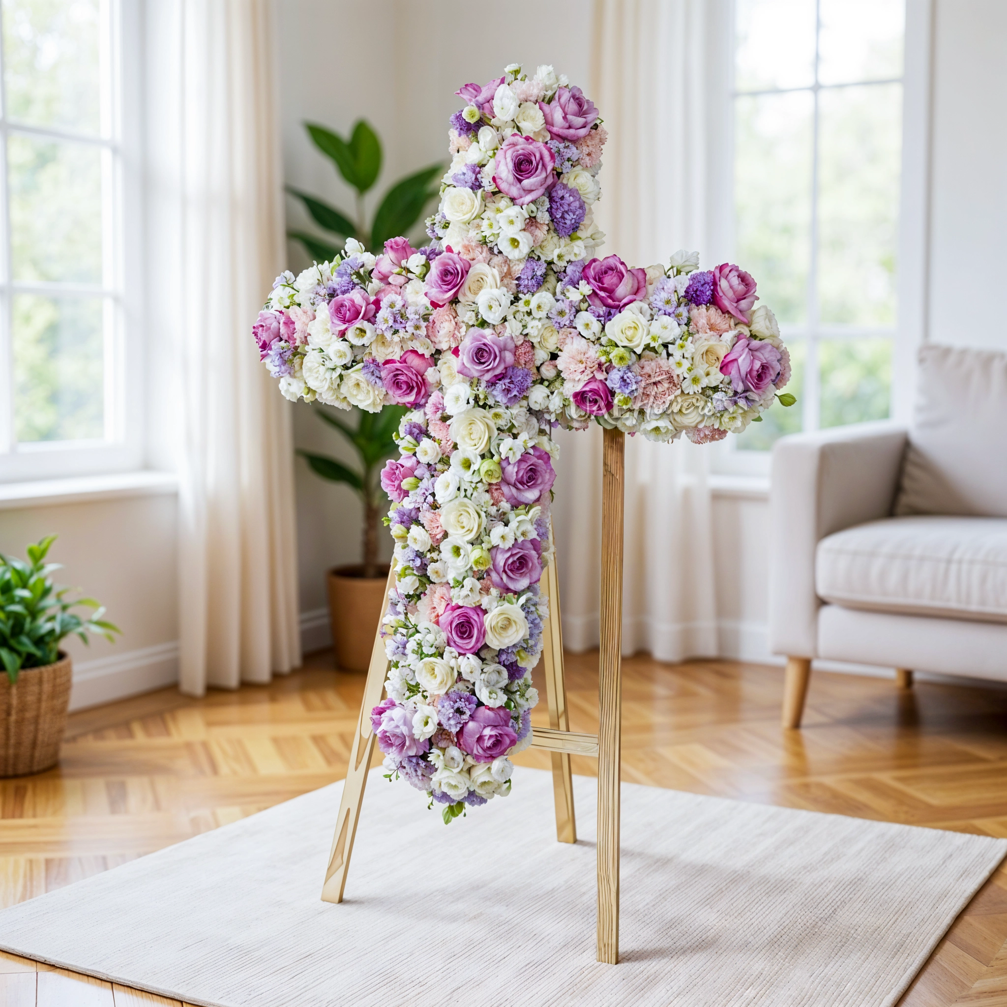 Cross arrangement of 10 Purple Lisianthius, 20 White Lisianthius, 6 white hydrangeas, 30 White Roses, 20 Spray Roses, 10 Purple Chrysanthemum, 20 Purple Roses, 20 Pink Carnations on a stand.