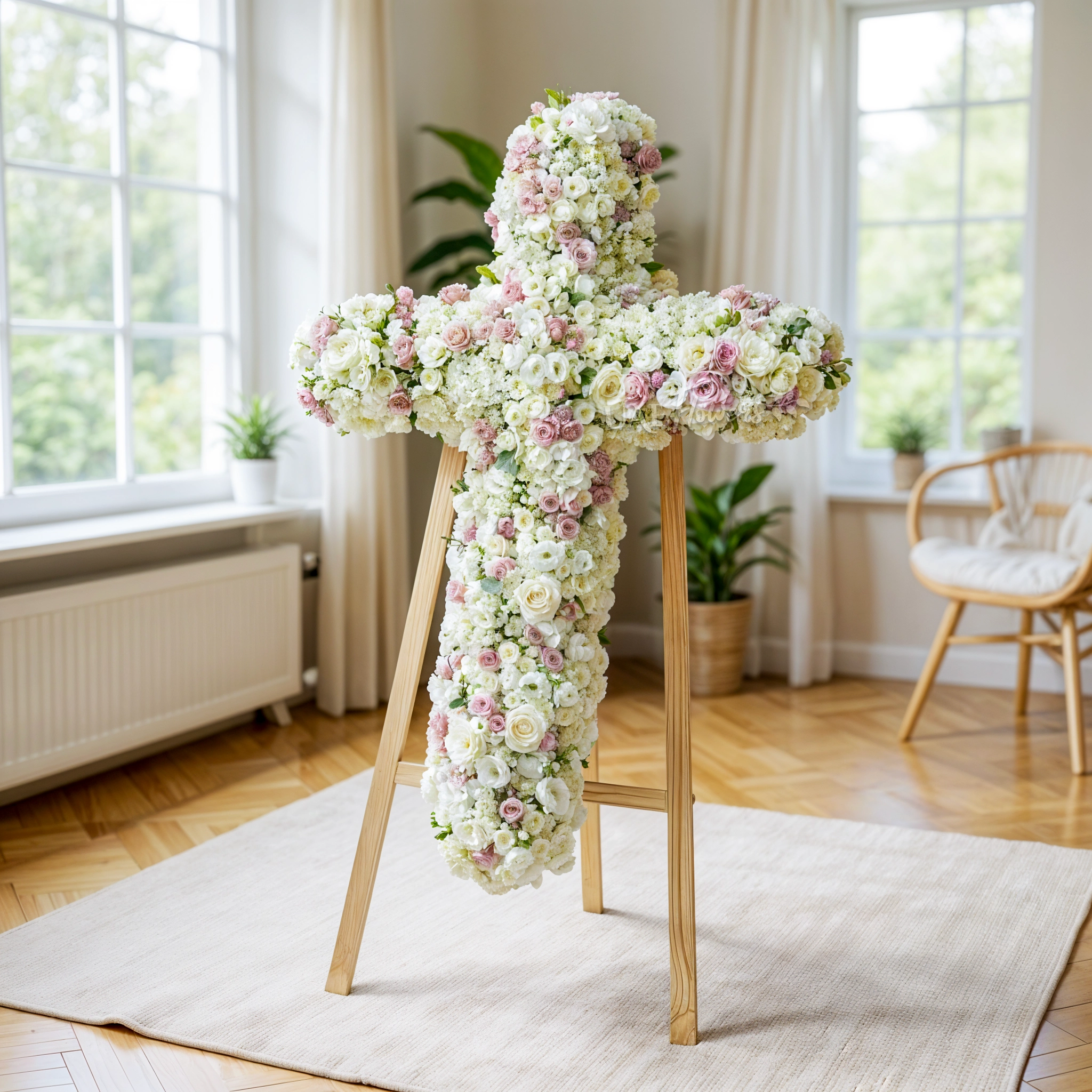 Cross arrangement of 5 White Hydrangeas, 30 White Lisianthius, 10 Cappuccino Spray Roses, 40 White Spray Rose, 40 White Roses on a stand.