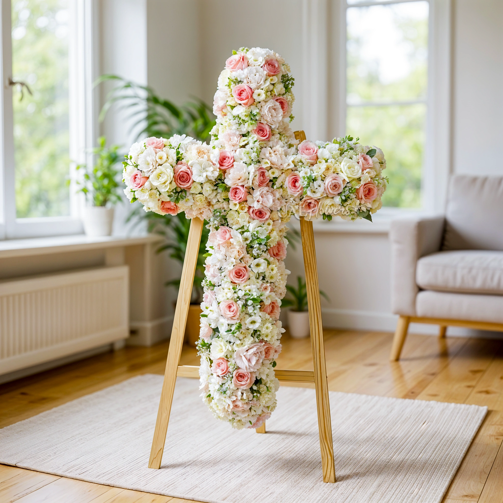Cross arrangement of 20 Pink Roses, 4 Light Pink Hydrangeas, 4 white hydrangeas, 20 White Spray Roses, 20 White Lisianthius, 20 Pink Carnations on a funeral stand.