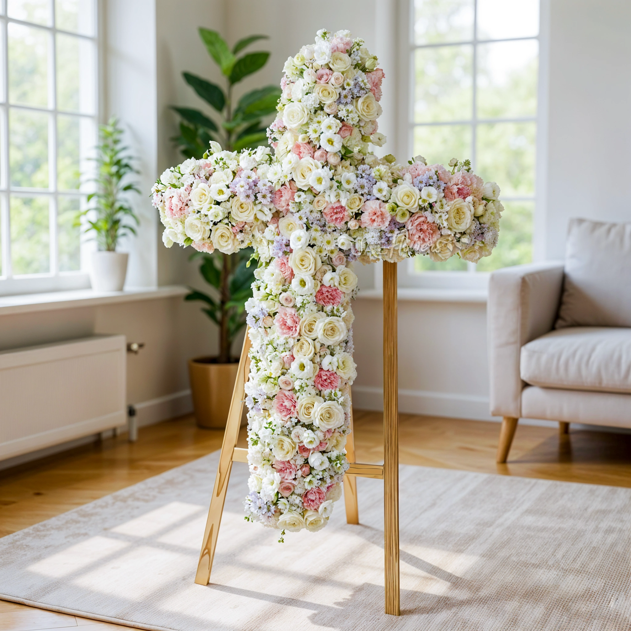 Cross arrangement of 30 Pink Carnations, 30 White Roses, 10 Purple Chrysanthemum, 20 White Chrysanthemum, 20 White Lisianthius on a funeral stand.