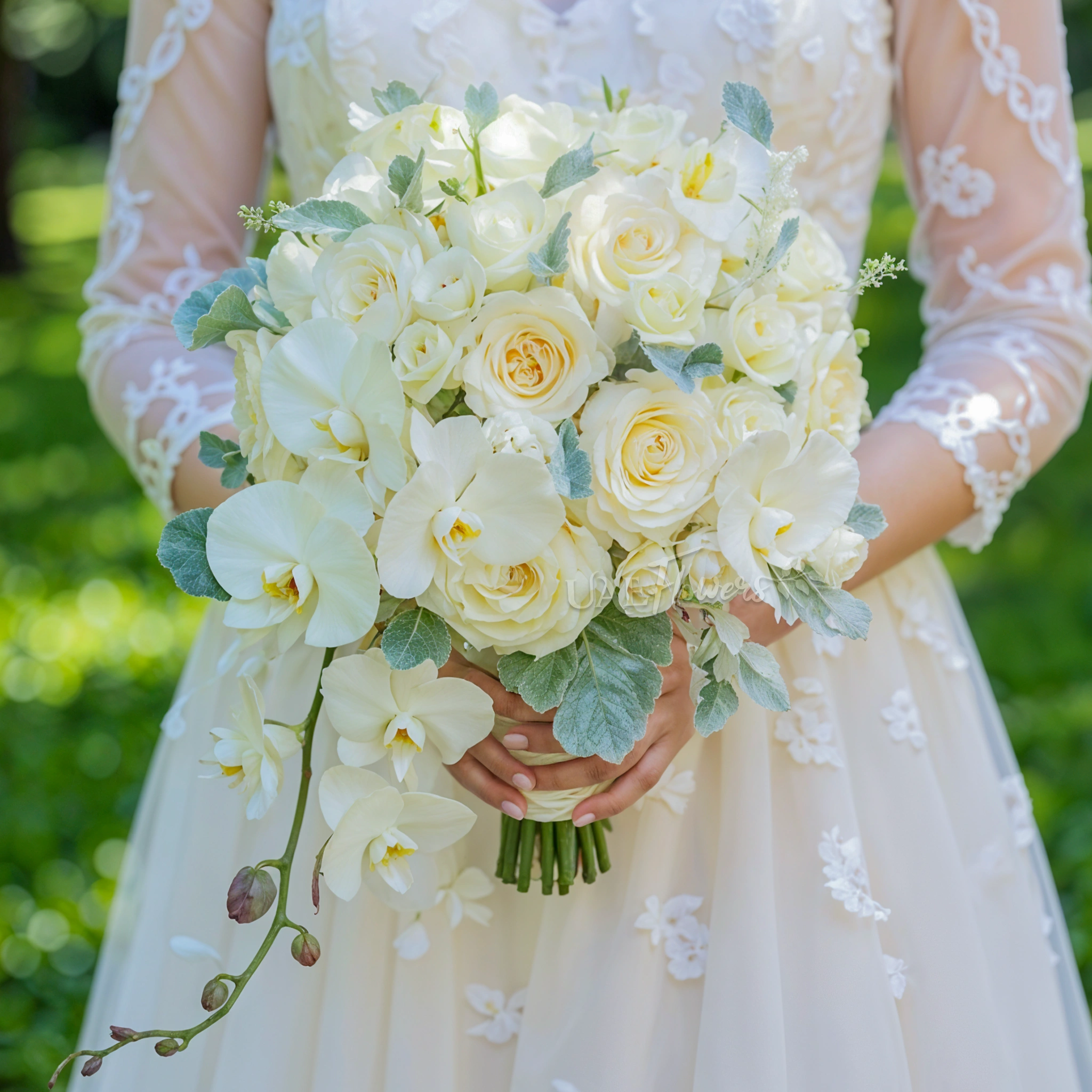 Bridal hand-tied bouquet of 1 white phalaenopsis, 10 white roses, 5 white lisianthus with greens