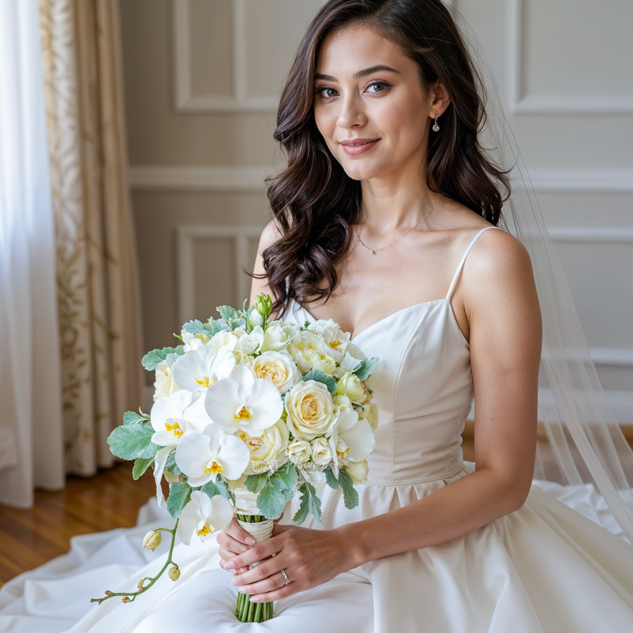 Bridal hand-tied bouquet of 1 white phalaenopsis, 10 white roses, 5 white lisianthus with greens