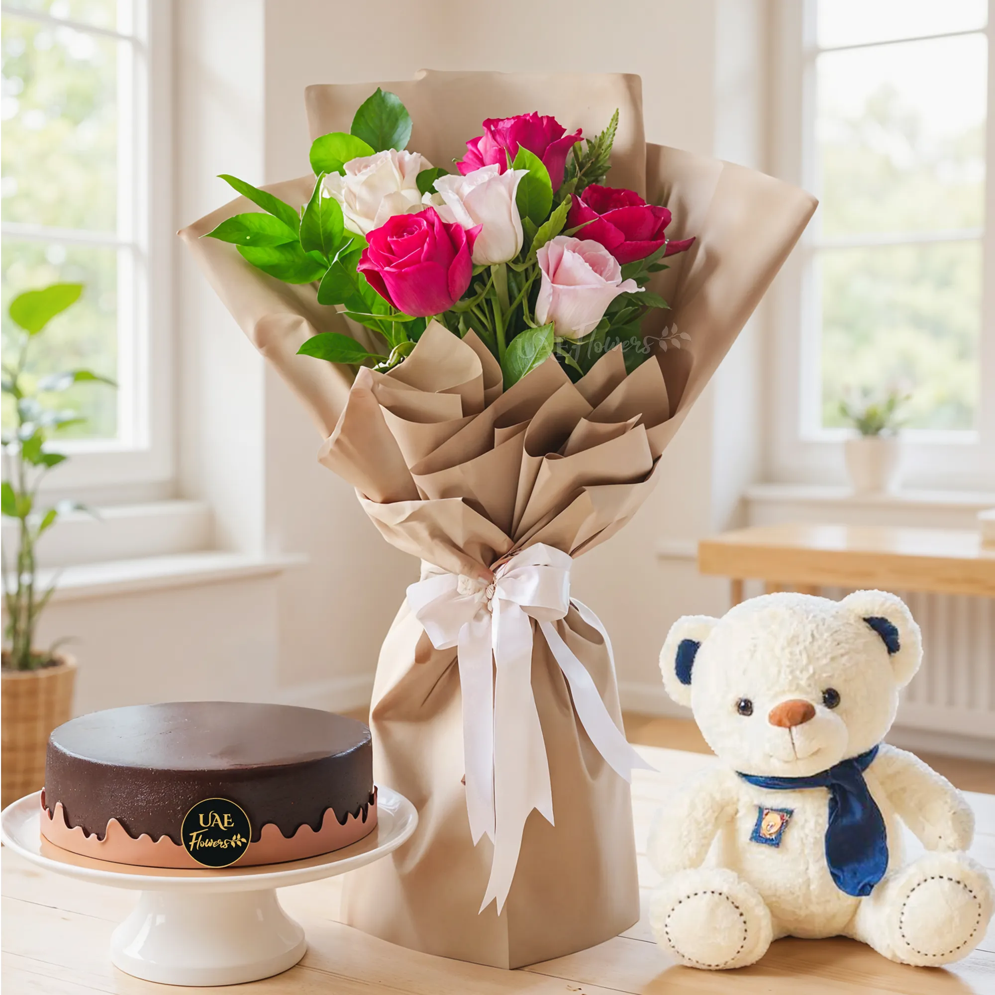 Bouquet of 6 red and pink roses with green fillers in nice wrapping, a small white teddy bear and 1 kg chocolate cake.