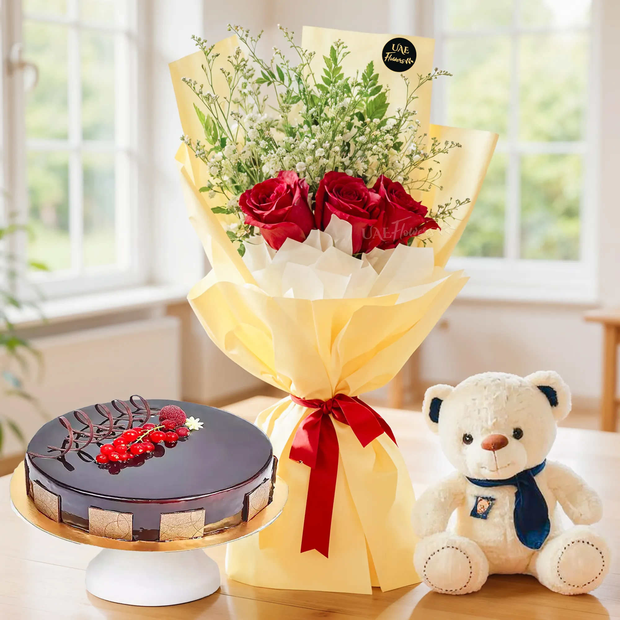 Bouquet of 3 red roses with green fillers in nice wrapping, a small white teddy bear and 1 kg chocolate cake.