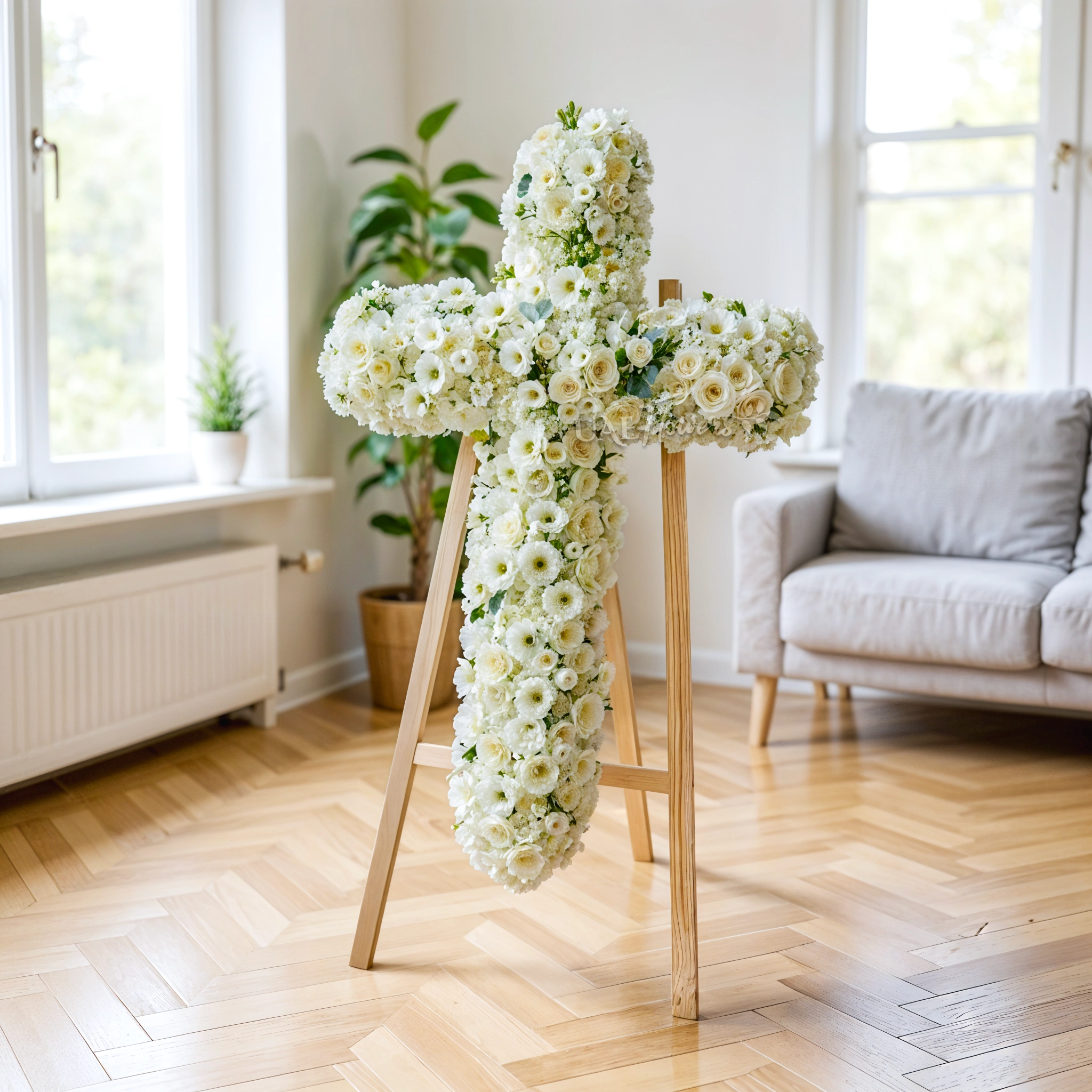 Cross arrangement of 20 White Gerberas, 30 White Spray Roses, 30 White Lisianthius, 60 White Roses, 3 White Hydrangeas, 20 White Chrysanthemum on a funeral stand.