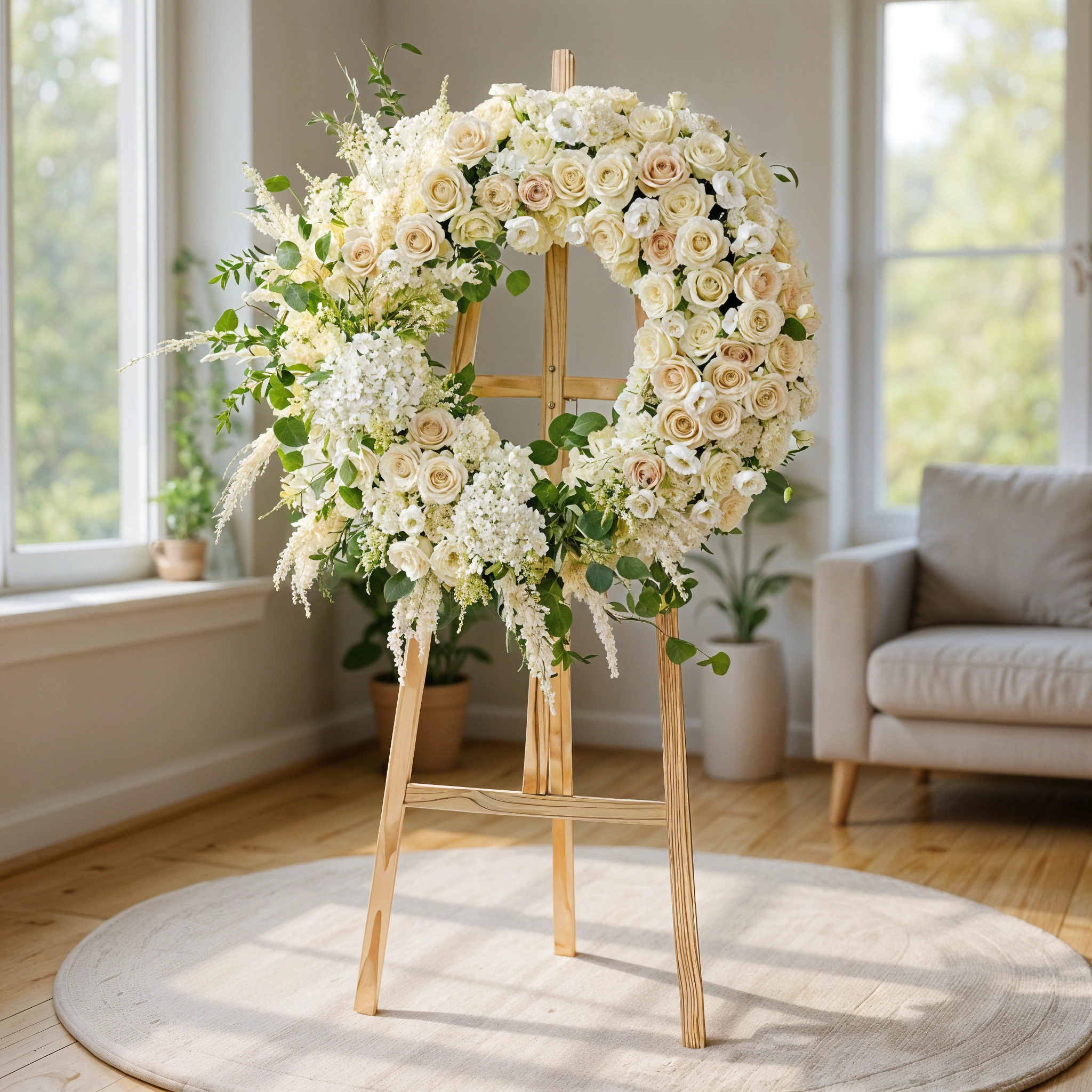 Wreath round arrangement of 150 White and Cream Roses, 2 White Hydrangeas, 30 White Lisianthus, Astible, Greens and Artificial Flowers in a stand.