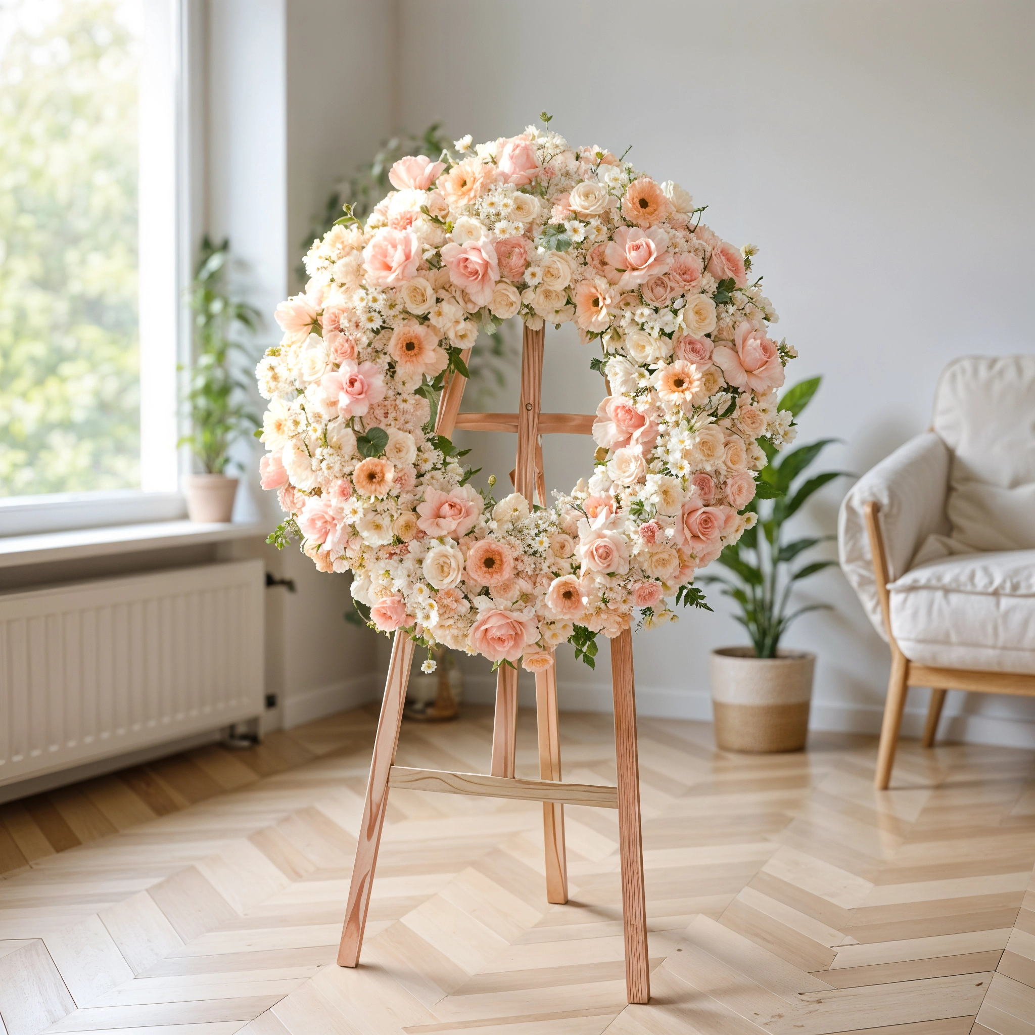 Wreath round arrangement of 10 Peach Gerberas, 100 Pink and White Roses, 20 Pink Carnations, 20 White Lisianthius, 10 White Chrysanthemums in a stand.
