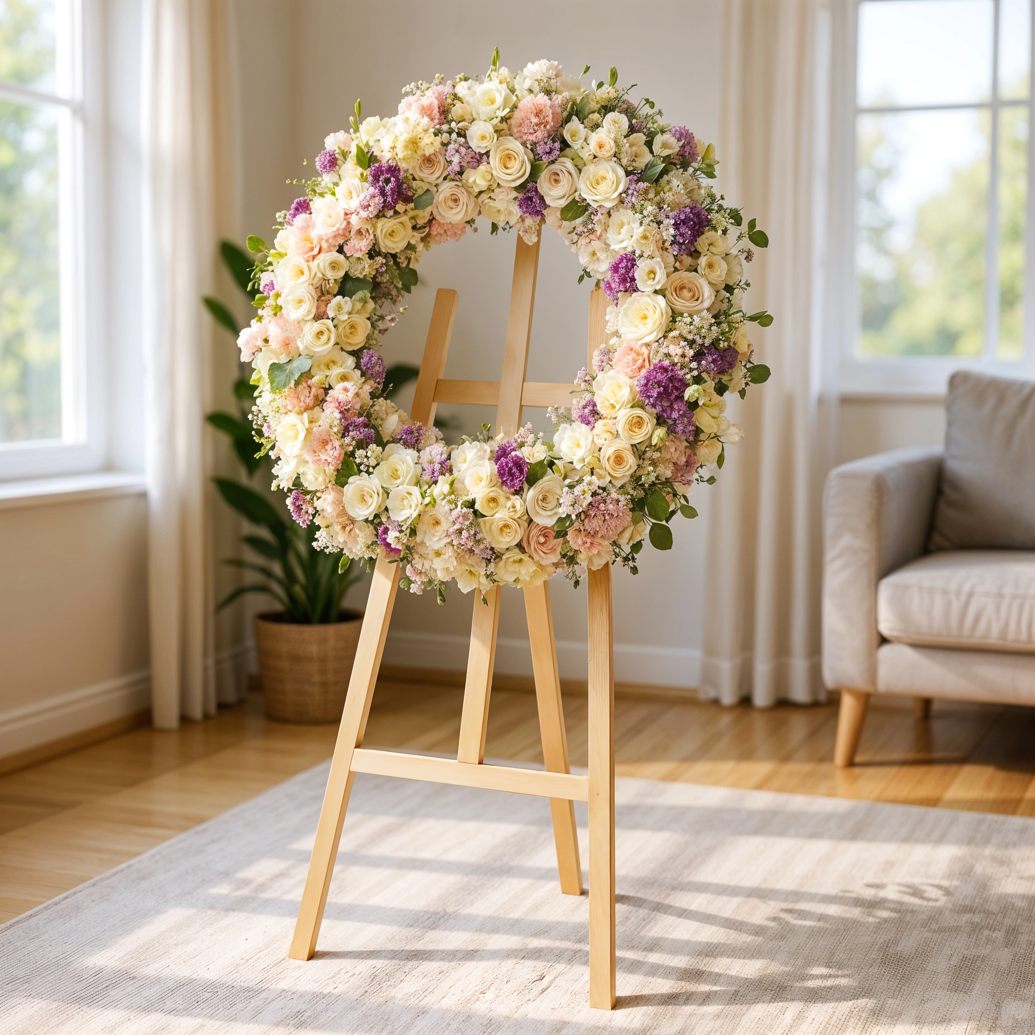 Wreath round arrangement of 30 White & Peach Spray Roses, 50 Cappuchino and White Roses, 30 Purple and White Lisianthus, 20 Pink Carnations, 20 White Chrysanthemums in a stand.