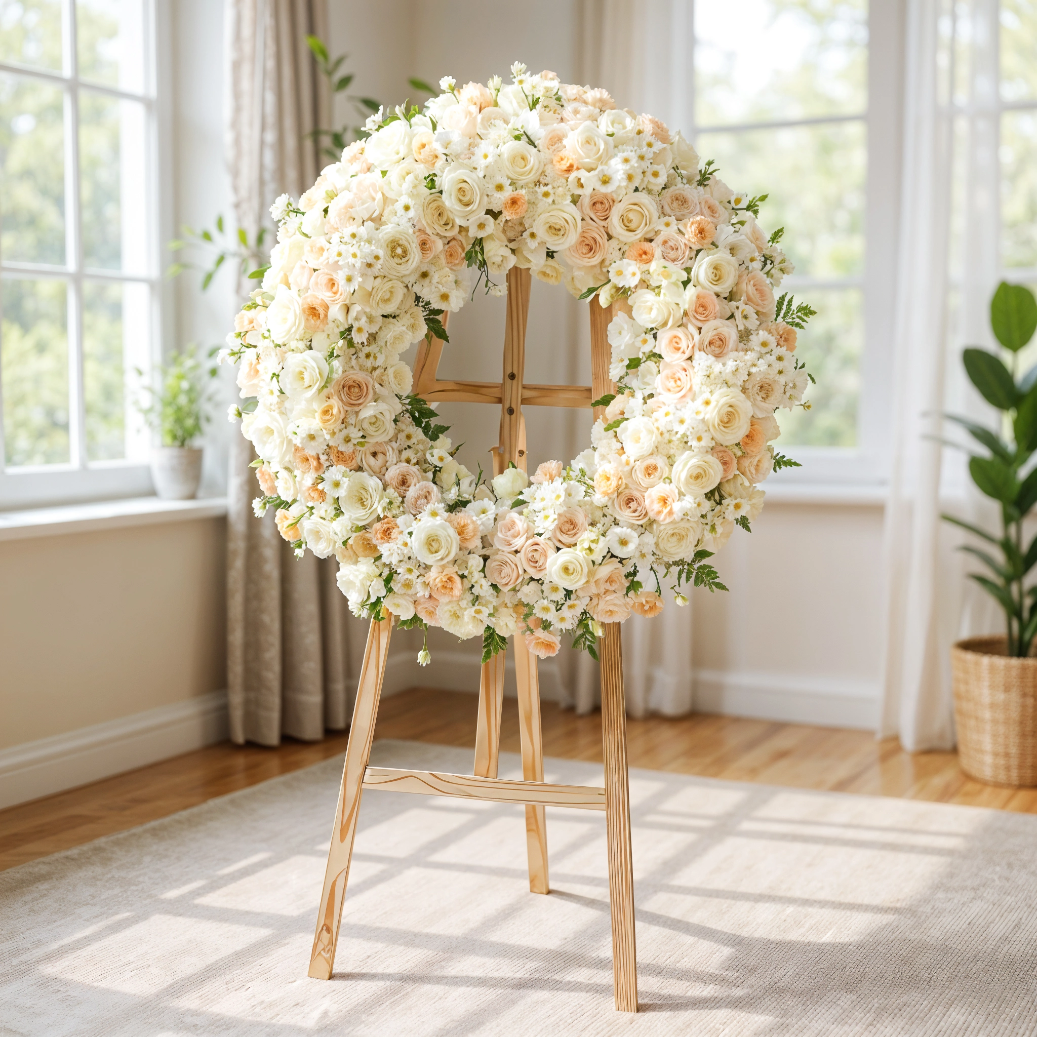 Wreath round arrangement of 150 White and Cream Roses, 20 White Lisianthus, 20 Pink Carnations, 10 White Chrysanthemums in a stand.