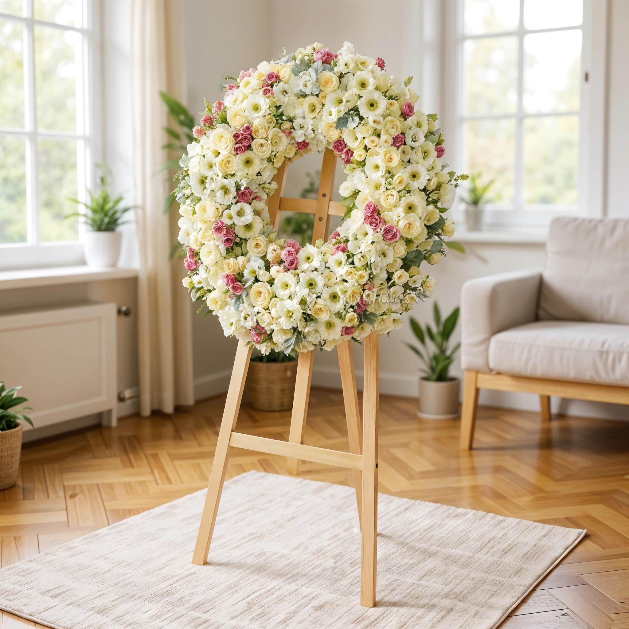 Wreath round arrangement of 30 White Roses, 3 White Hydrangeas, 20 White Gerberas, 10 Cappuccino Spray Roses, 50 White Spray Roses, 20 White Lisianthus, 10 White Hypericum in a stand.