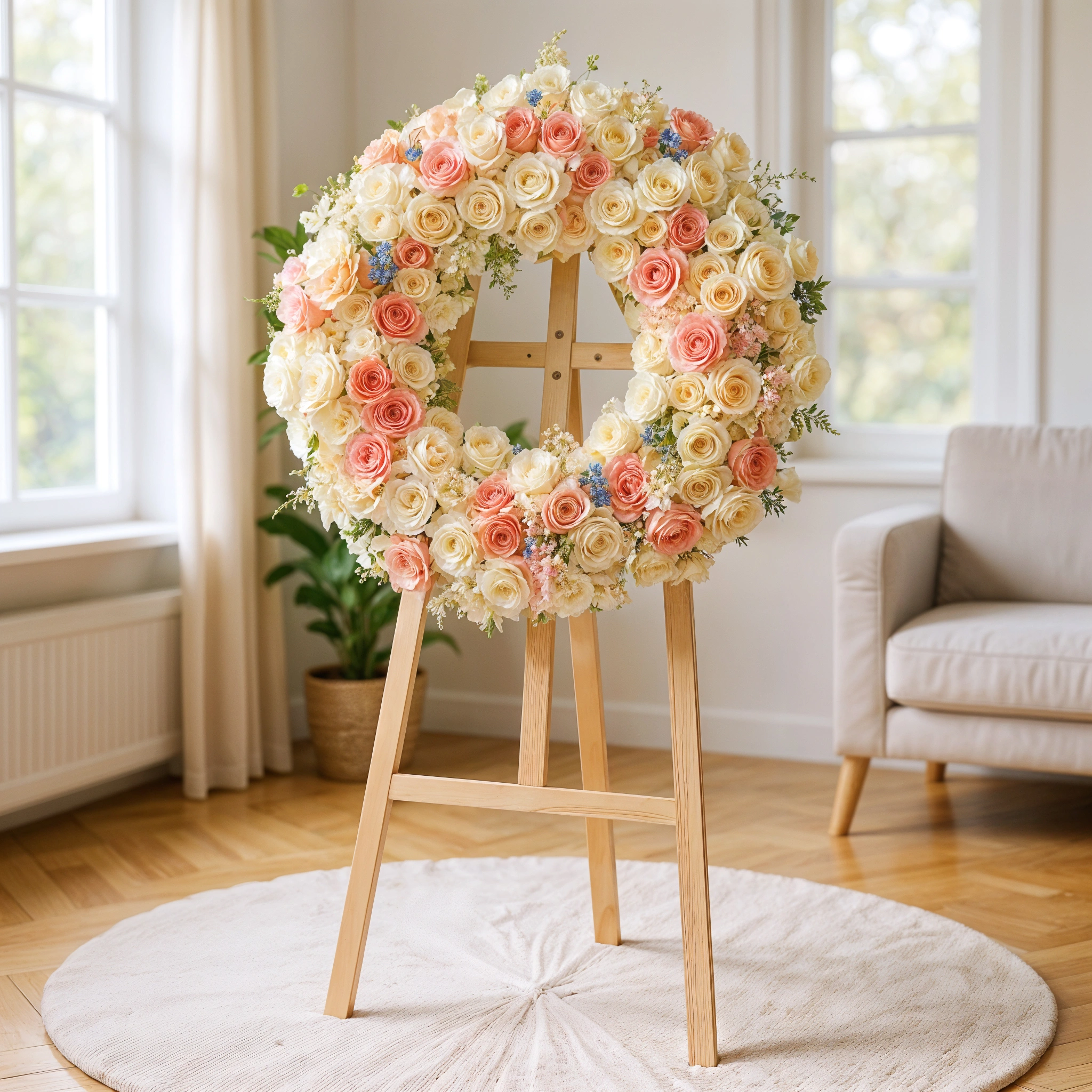 Wreath round arrangement of 150 Pink and Cream Roses, 20 Pink Carnations, 20 White Lisianthus and 10 Blue Oxypetalum in a stand.