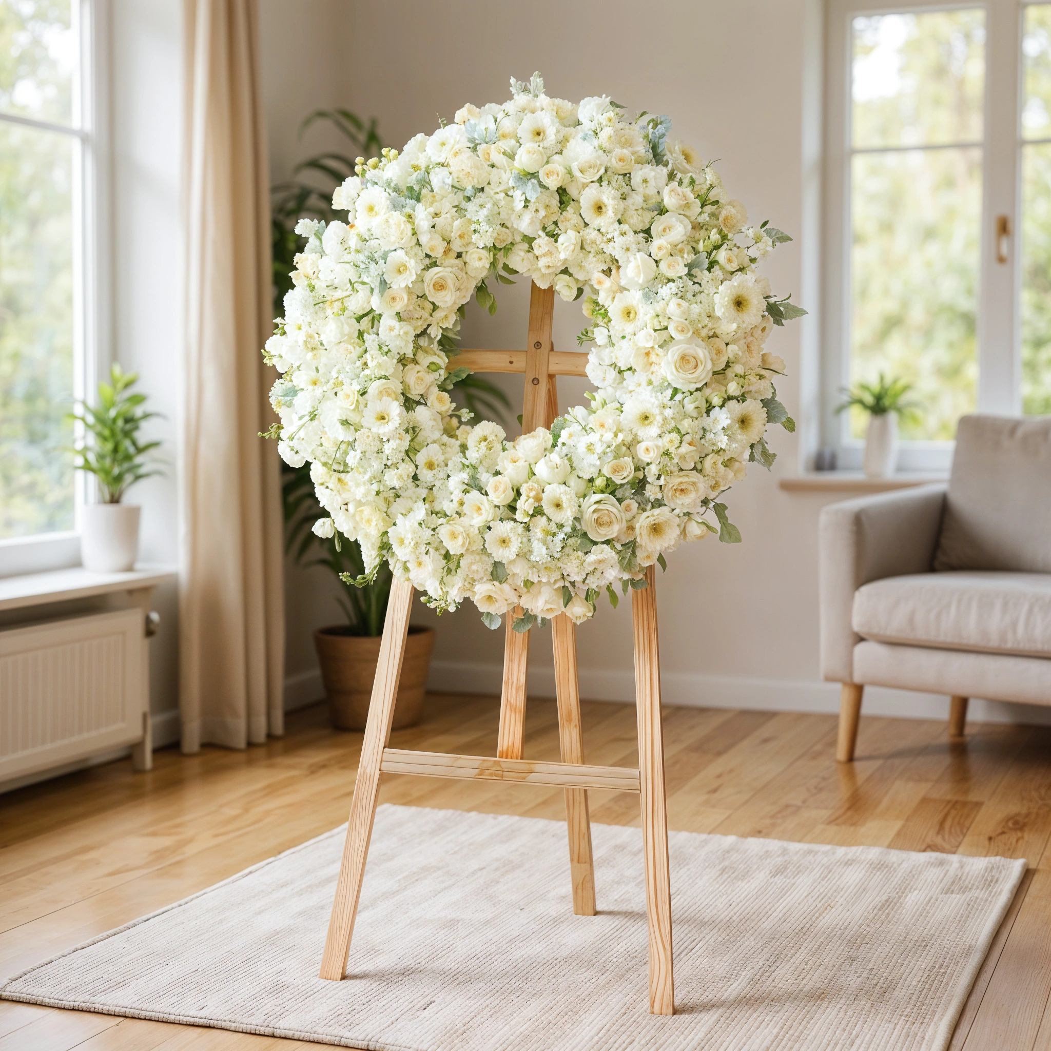 Wreath round arrangement of 30 White Roses, 3 White Hydrangeas, 20 White Gerberas, 50 white Spray Roses, 20 White Lisianthus, 10 Hypericum in a stand.