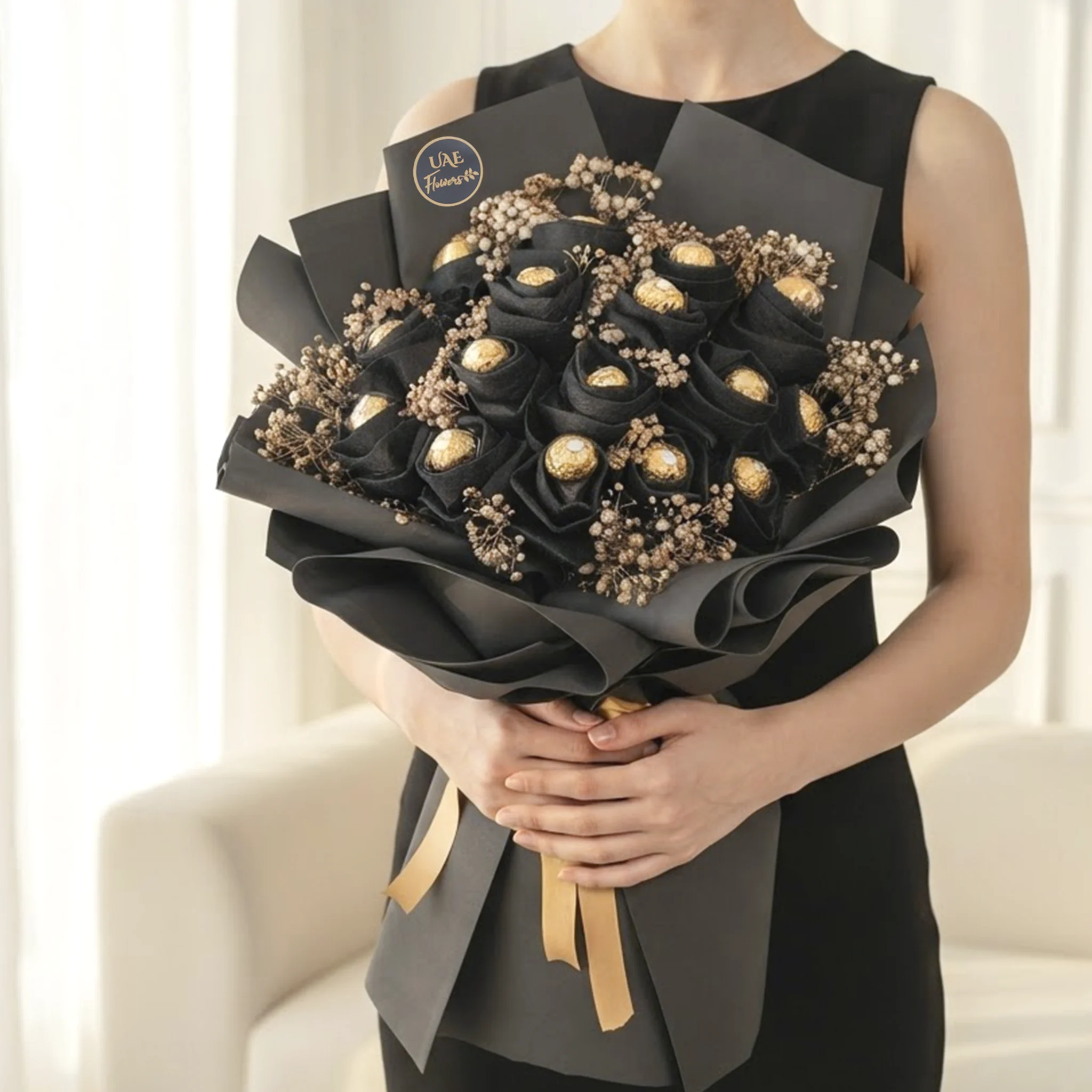 Midnight Luxe Ferrero Bouquet with Ferrero Rocher chocolates in black luxury wrapping