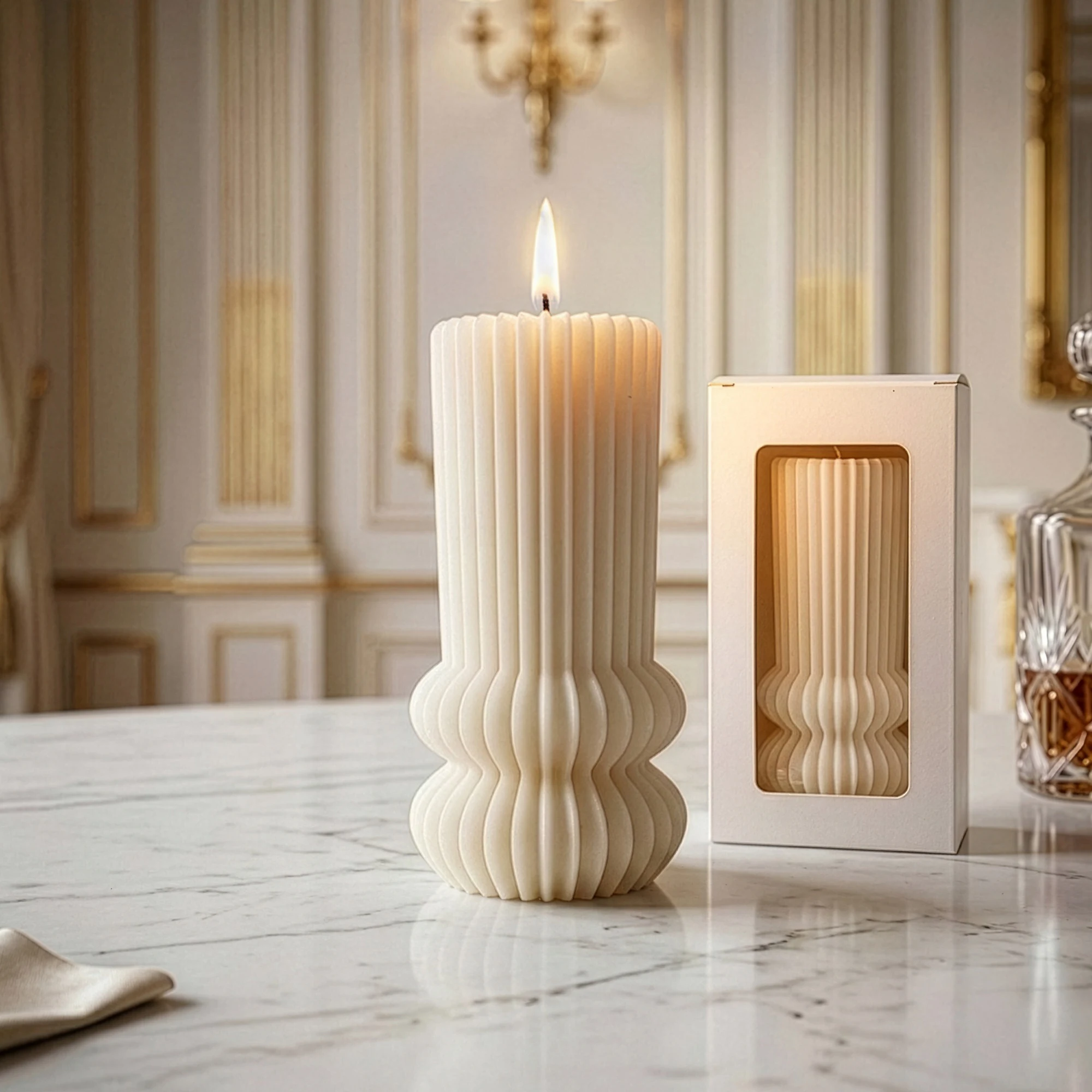 Handcrafted Ivory Harmony Sculpted Pillar Candle with Modern Ribbed Design, Decorative Unscented Ivory Wax Candle for Minimalist Home Décor and Gifting