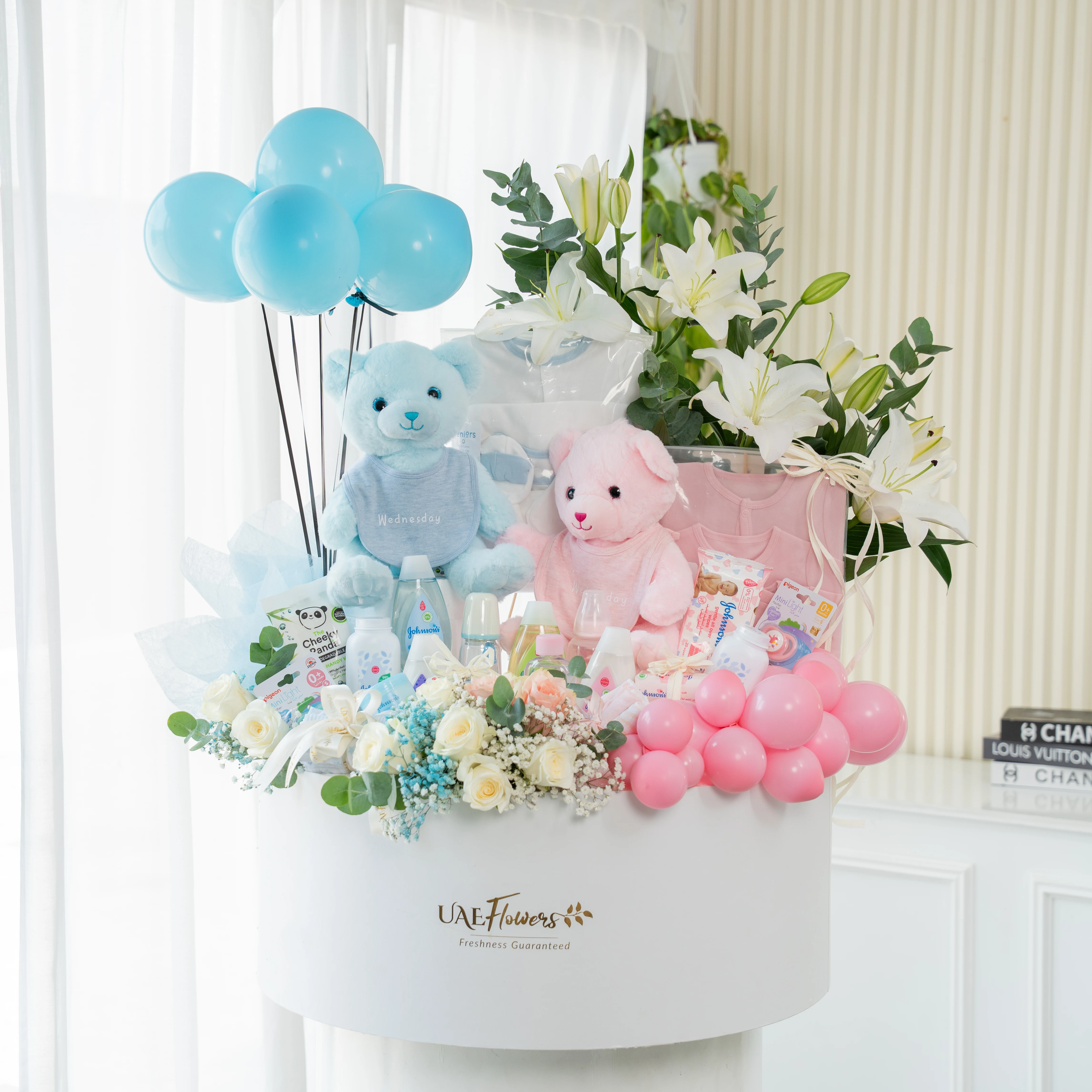 Luxury Twin Blessings Baby Hamper with Baby Boy and Girl Gifts, Plush Toys, Fresh Flowers, Balloons, and Newborn Essentials