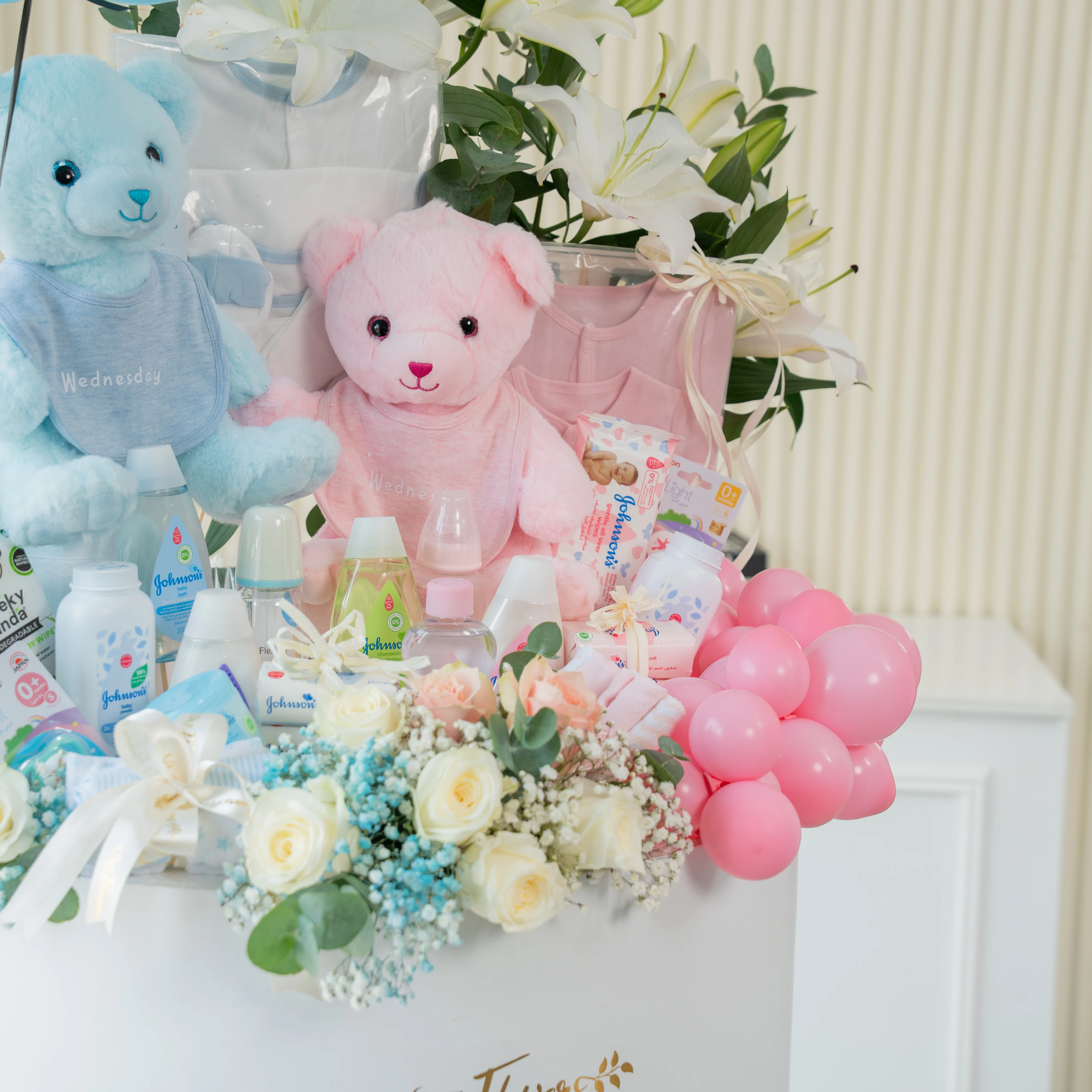 Luxury Twin Blessings Baby Hamper with Baby Boy and Girl Gifts, Plush Toys, Fresh Flowers, Balloons, and Newborn Essentials