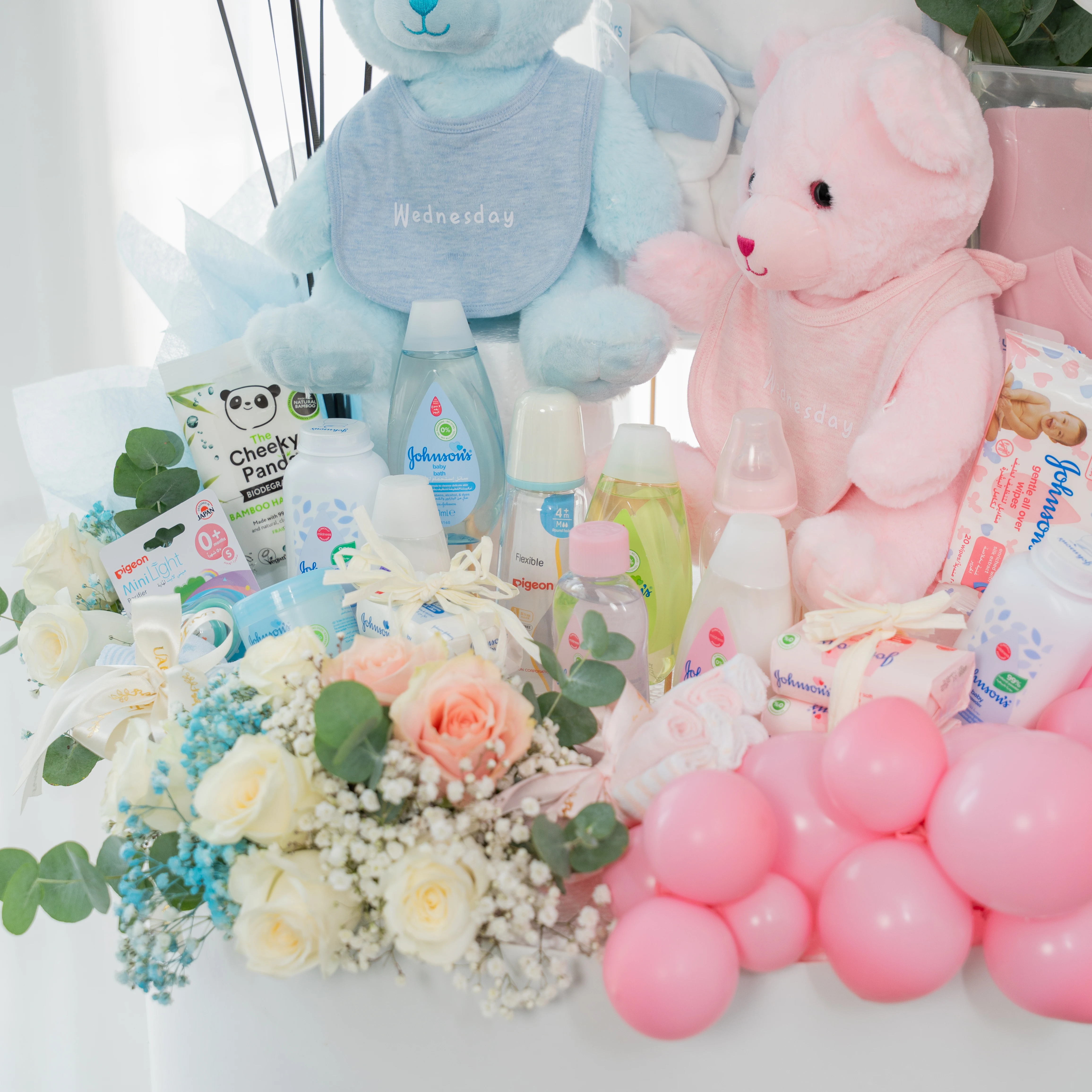 Luxury Twin Blessings Baby Hamper with Baby Boy and Girl Gifts, Plush Toys, Fresh Flowers, Balloons, and Newborn Essentials