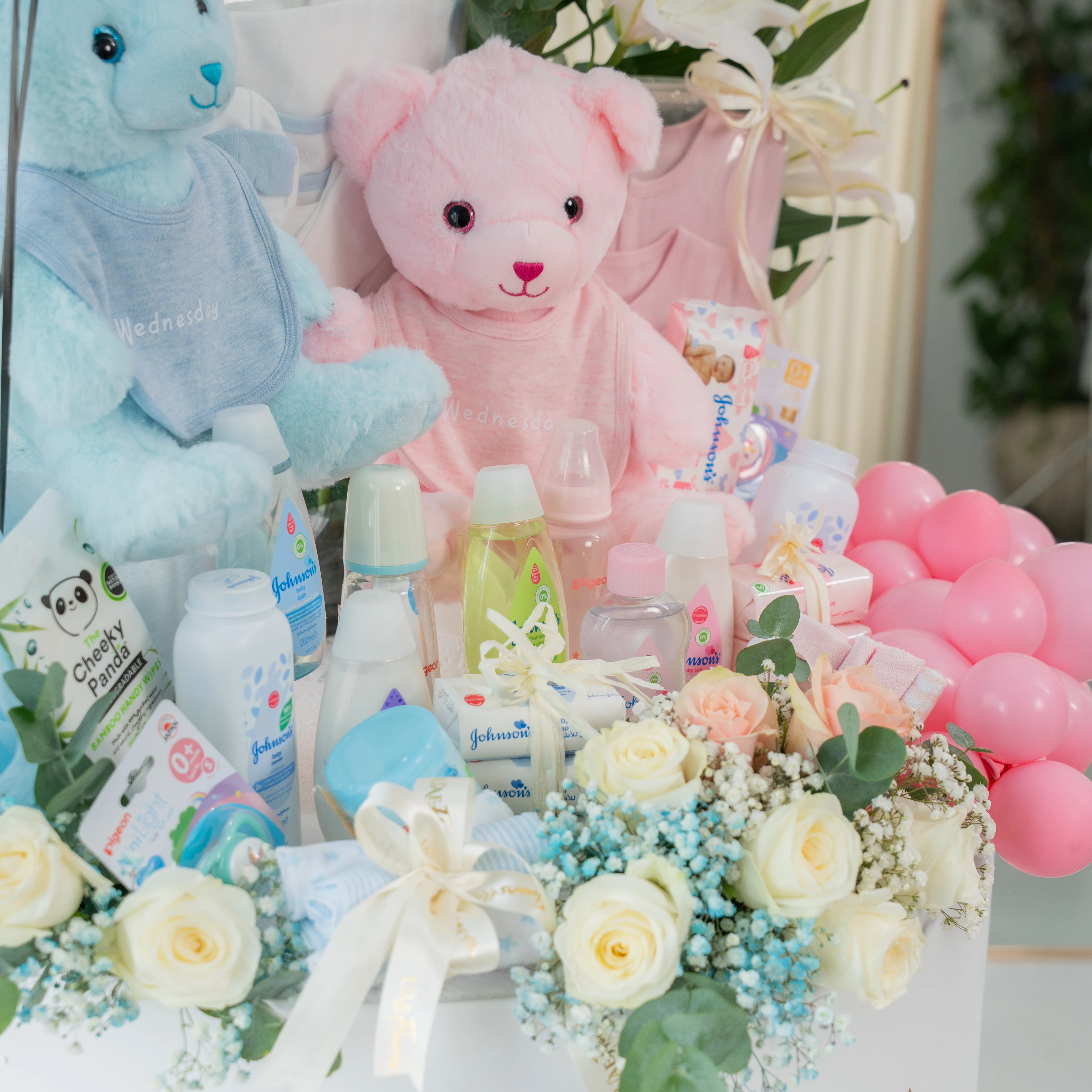 Luxury Twin Blessings Baby Hamper with Baby Boy and Girl Gifts, Plush Toys, Fresh Flowers, Balloons, and Newborn Essentials