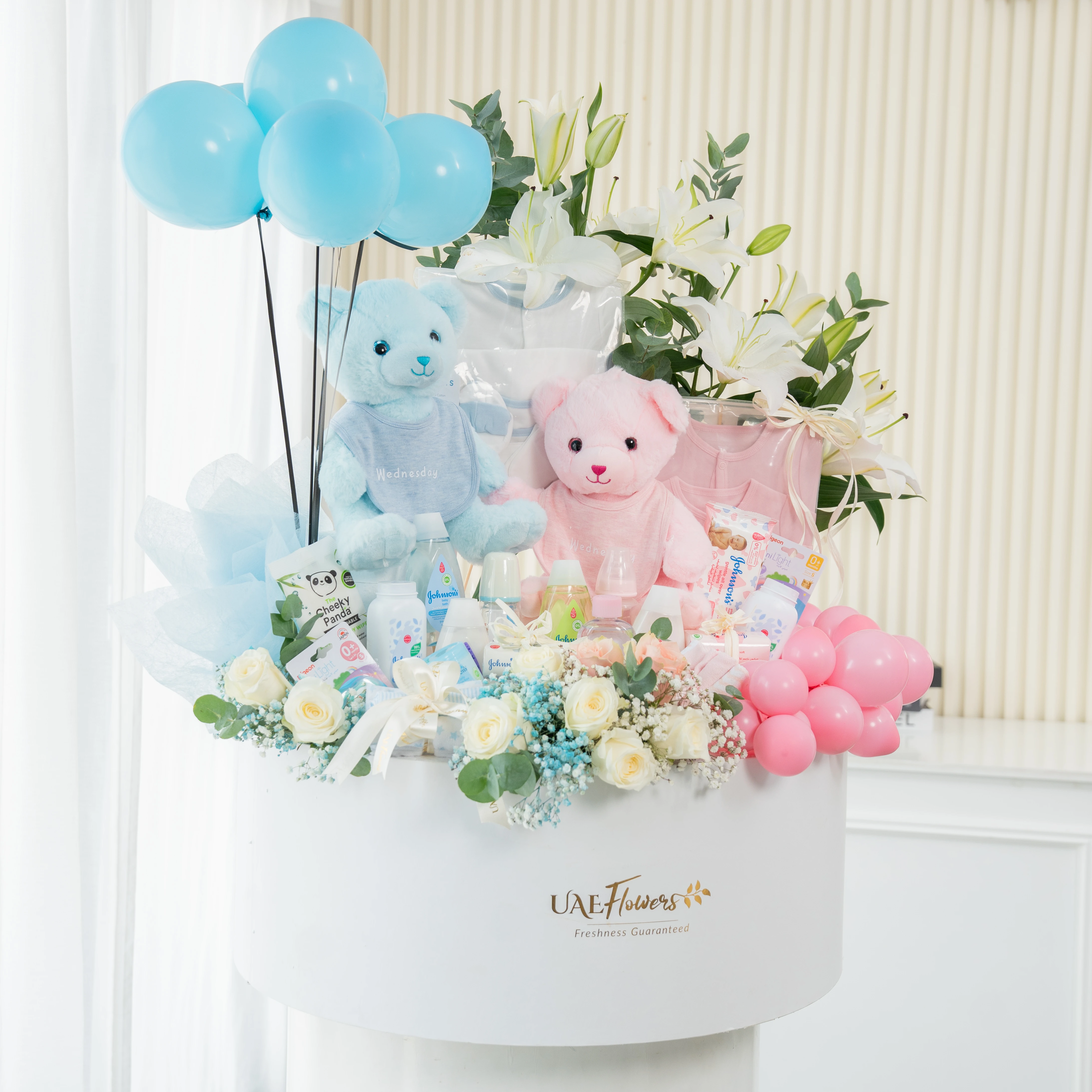 Luxury Twin Blessings Baby Hamper with Baby Boy and Girl Gifts, Plush Toys, Fresh Flowers, Balloons, and Newborn Essentials