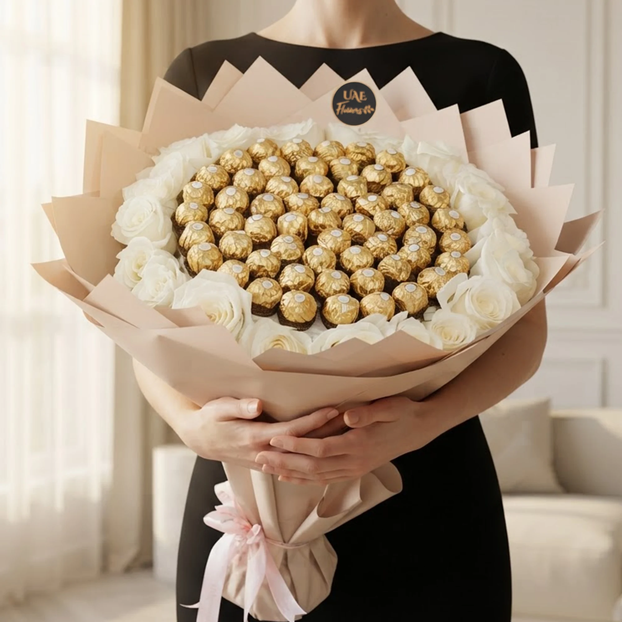 Luxury Grand Ferrero Rose Bouquet with golden Ferrero Rocher chocolates surrounded by fresh white roses in premium champagne wrapping.
