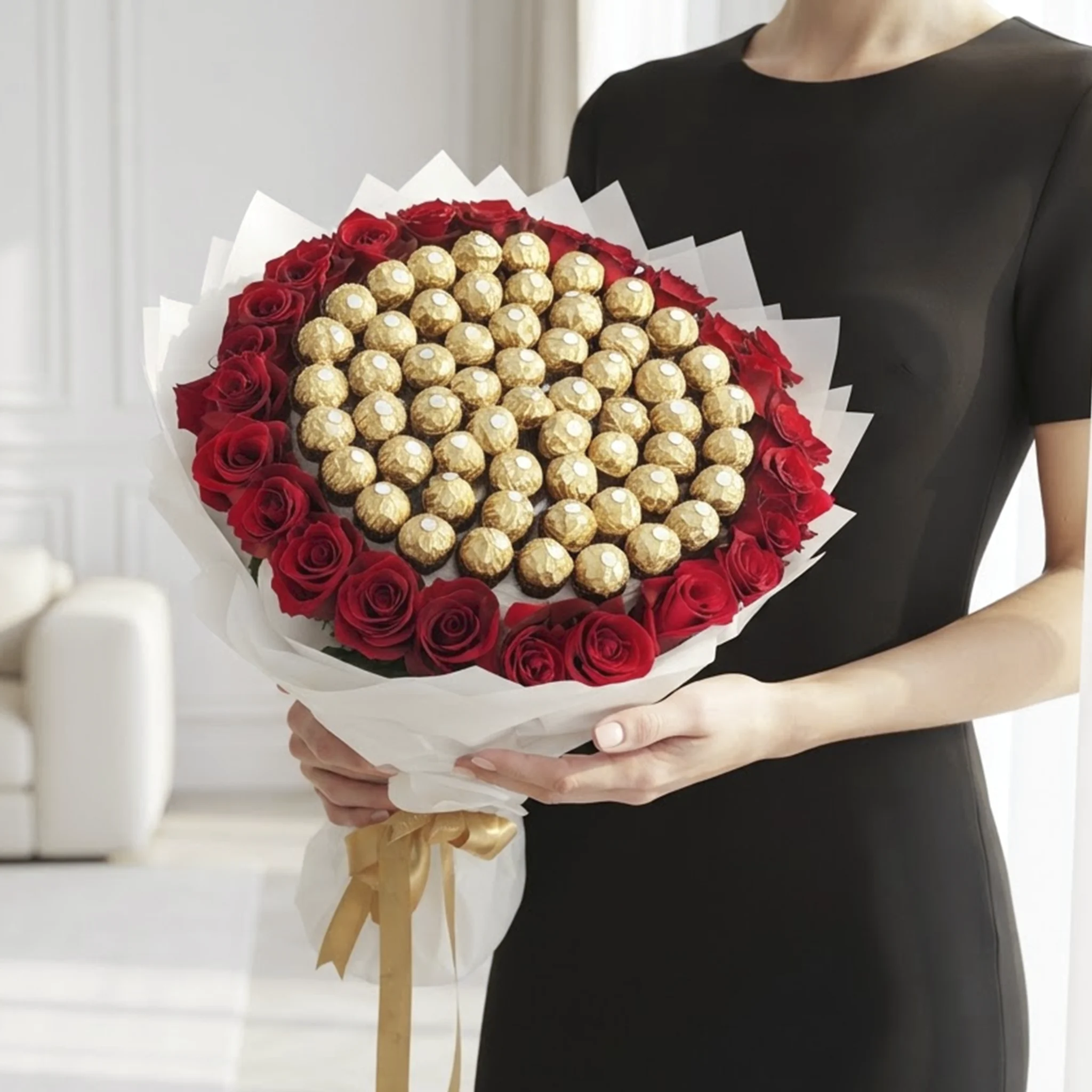 Grand Ferrero Rose Bouquet with 48 Ferrero Rocher chocolates, fresh red roses, premium white wrapping, and gold ribbon luxury gift arrangement.
