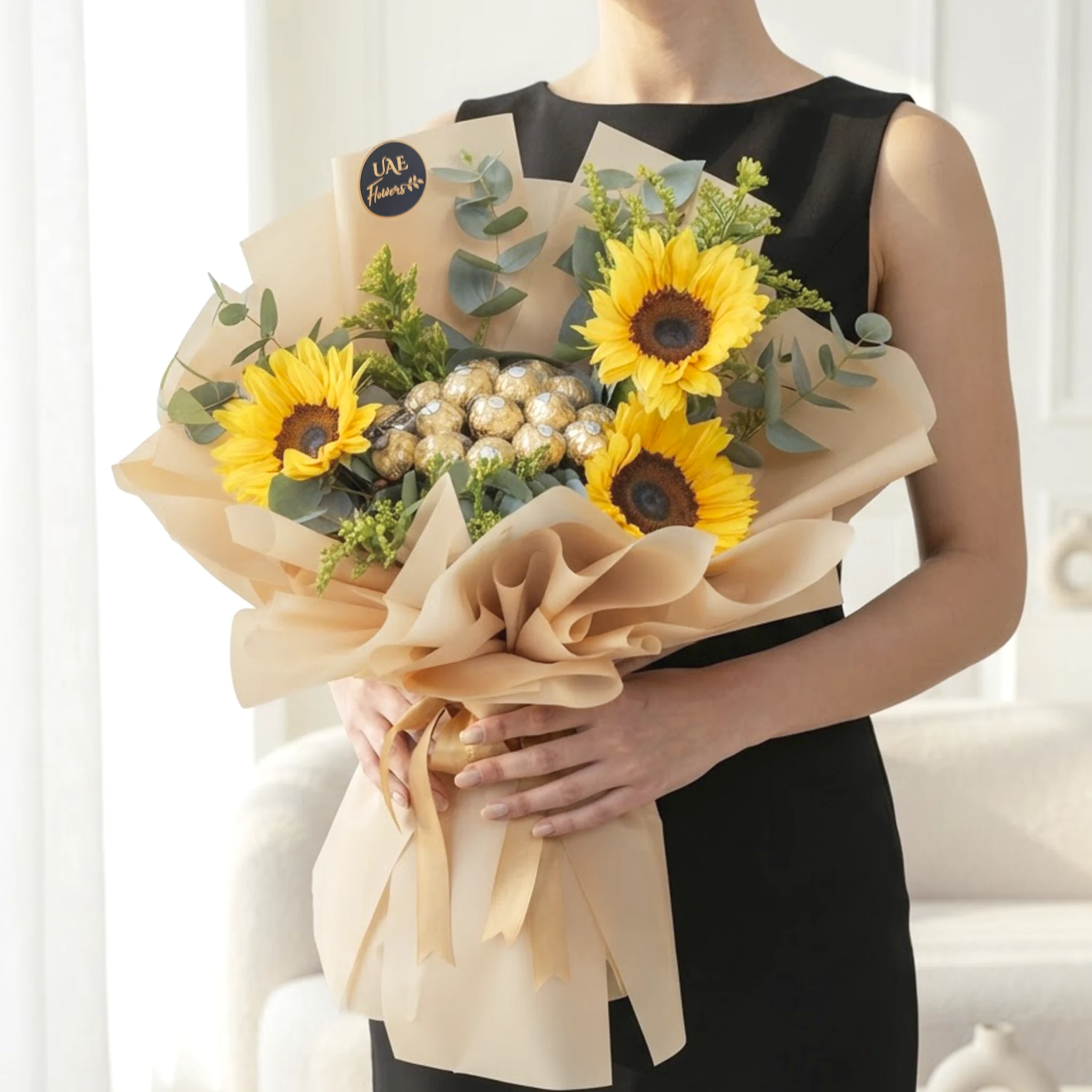 Sunshine Ferrero Bouquet with bright sunflowers, Ferrero Rocher chocolates, eucalyptus leaves, and premium beige wrapping.