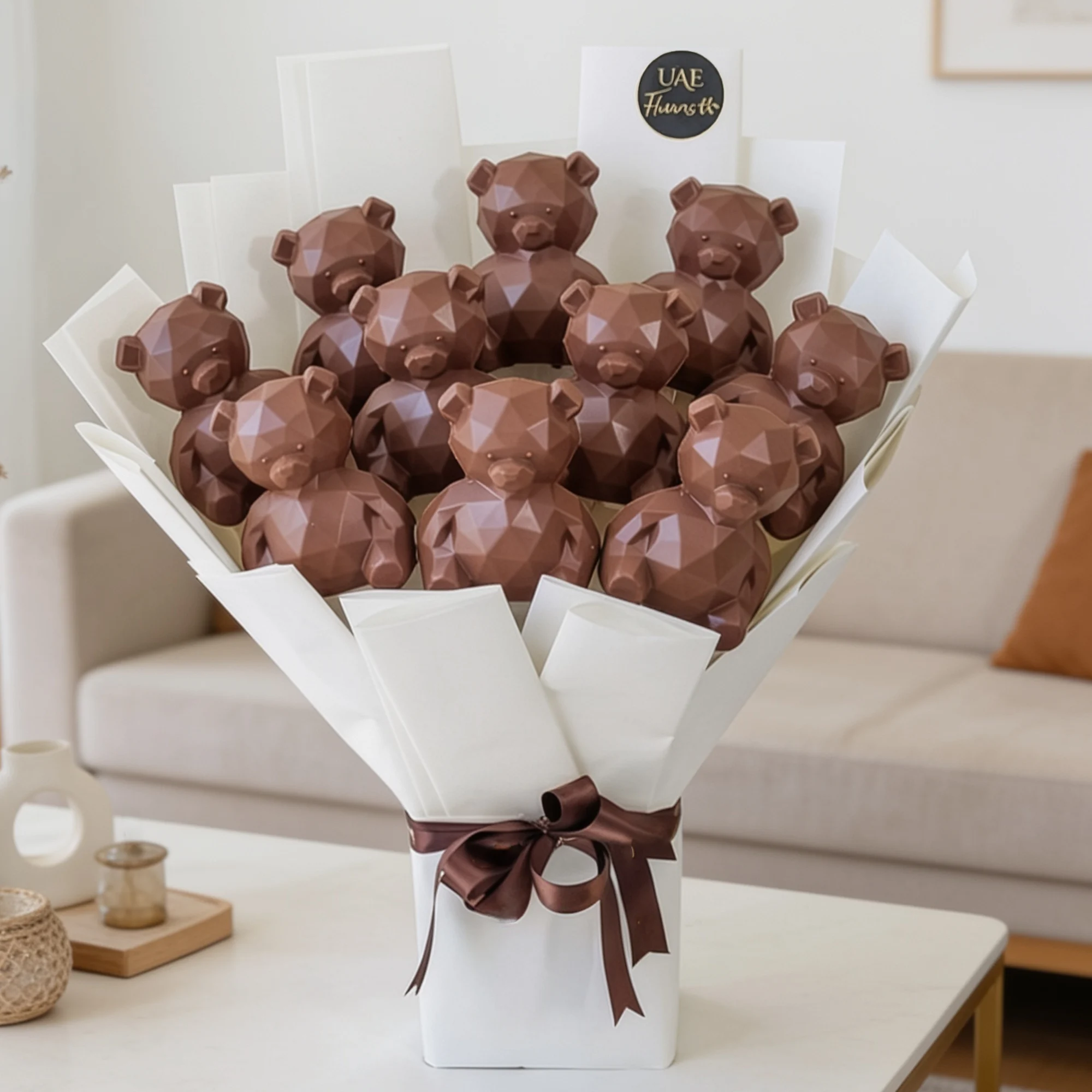 Luxury Choco Teddy Bliss Bouquet with 12 Teddy Shaped Chocolates in Premium White Wrapping and Brown Ribbon