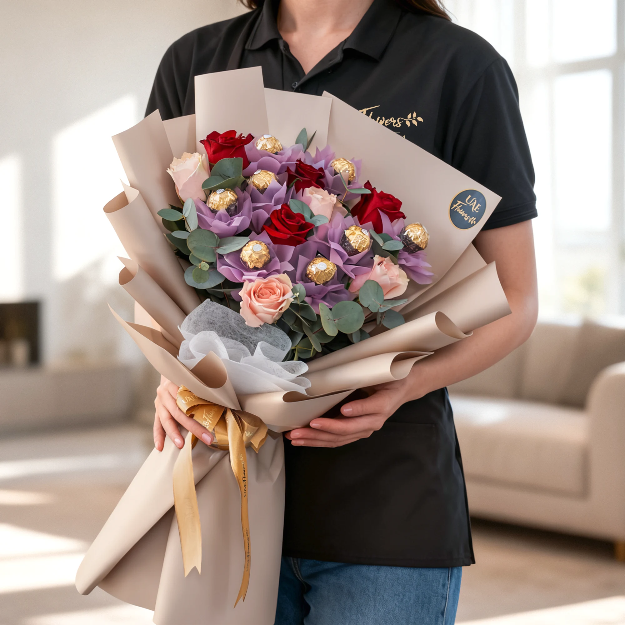 Velvet Bloom Ferrero Bouquet with red roses, blush roses, purple floral accents, eucalyptus leaves, and Ferrero Rocher chocolates in premium beige wrapping.