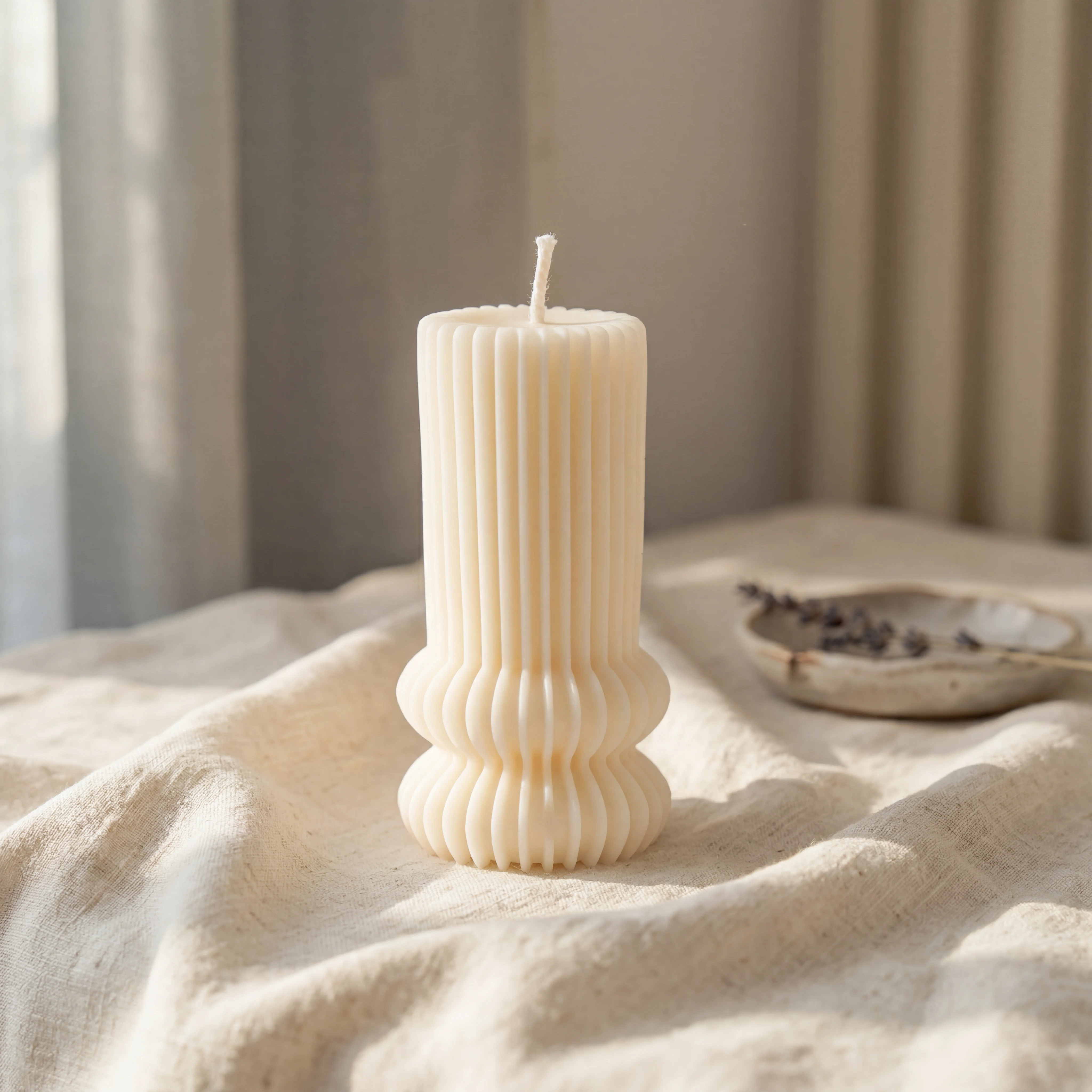 Handcrafted Ivory Harmony Sculpted Pillar Candle with Modern Ribbed Design, Decorative Unscented Ivory Wax Candle for Minimalist Home Décor and Gifting