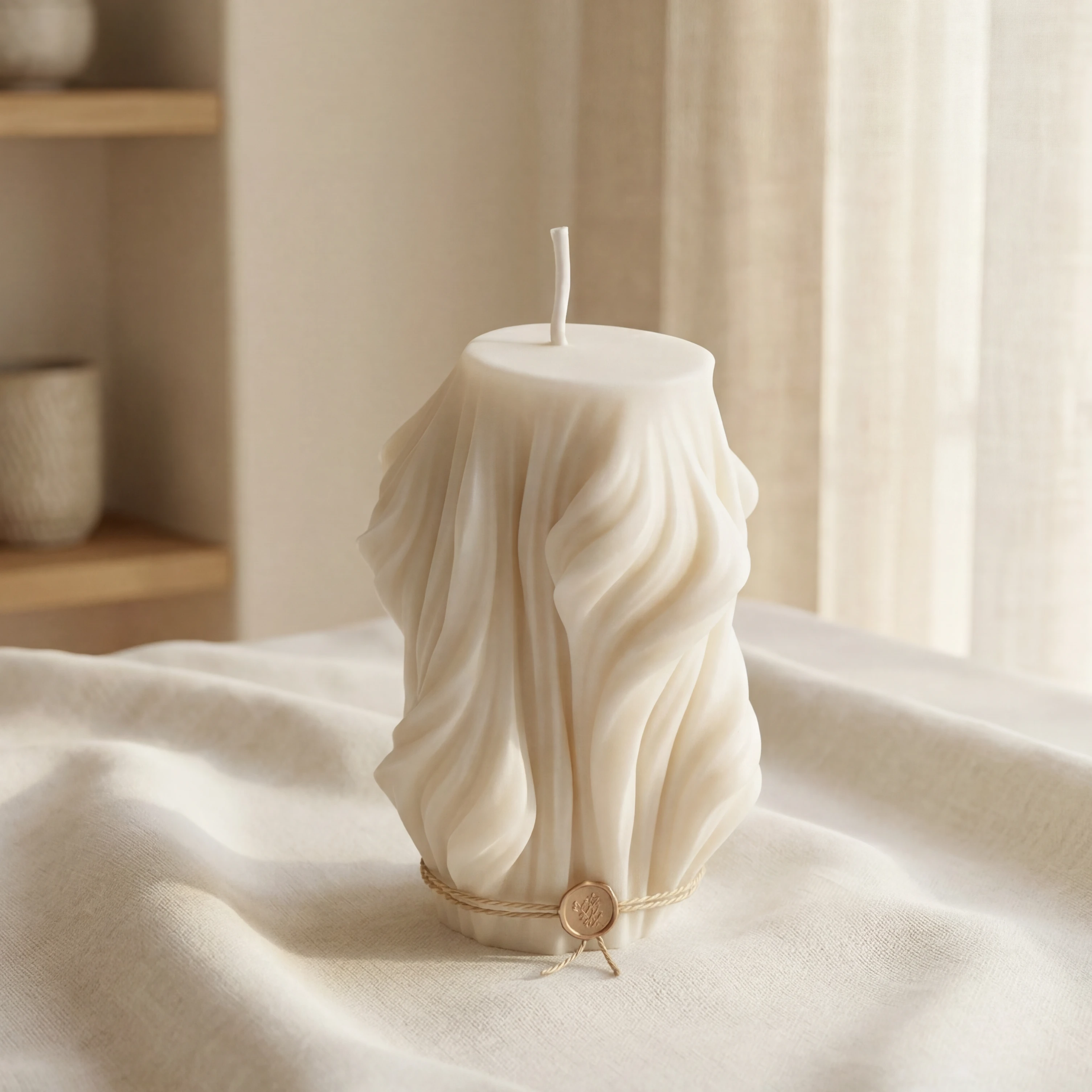 Handcrafted Ethereal Sculpted Candle in Ivory Wax with Flowing Contemporary Design for Modern Home Décor
