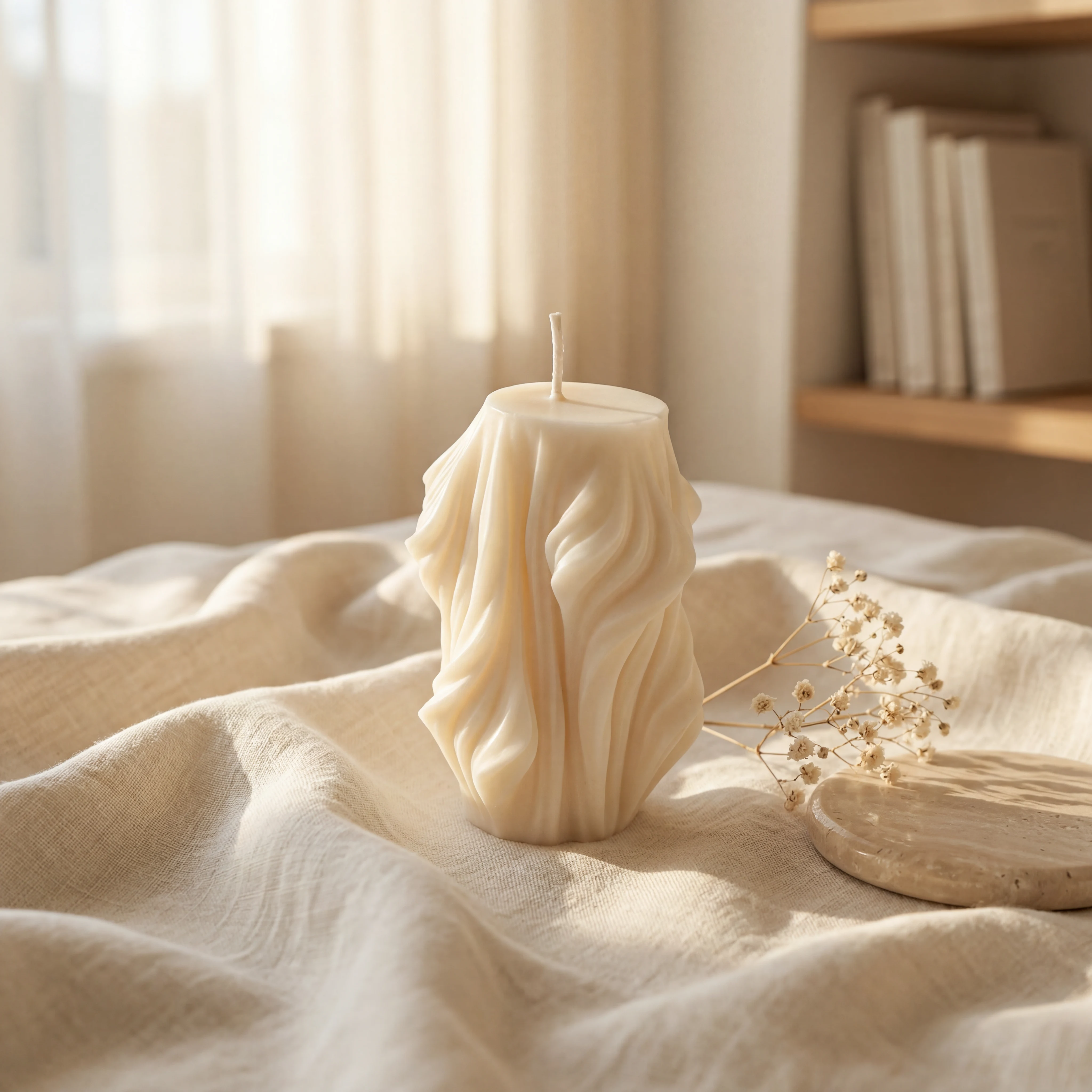 Handcrafted Ethereal Sculpted Candle in Ivory Wax with Flowing Contemporary Design for Modern Home Décor